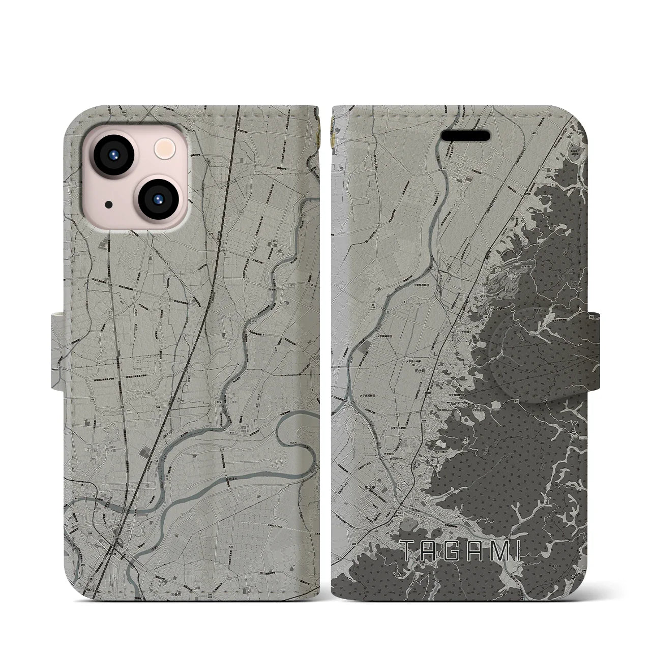 【田上(新潟県)】地図柄iPhoneケース(手帳タイプ)モノトーン・iPhone 13 mini 用