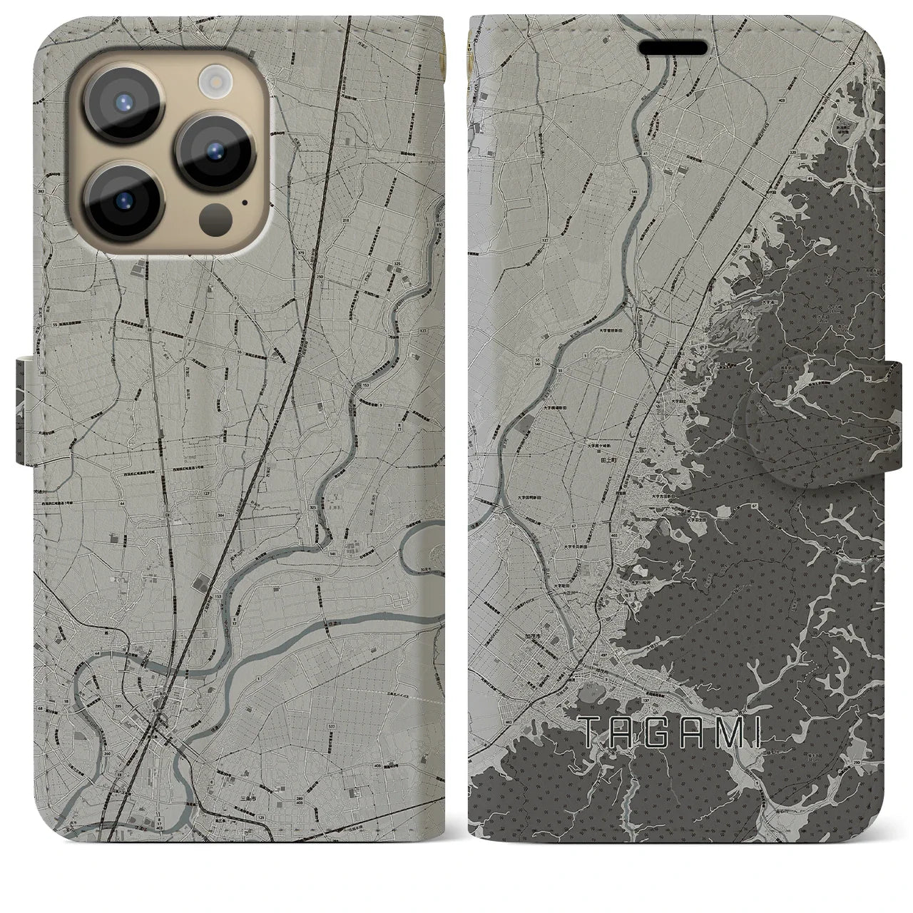 【田上(新潟県)】地図柄iPhoneケース(手帳タイプ)モノトーン・iPhone 14 Pro Max 用