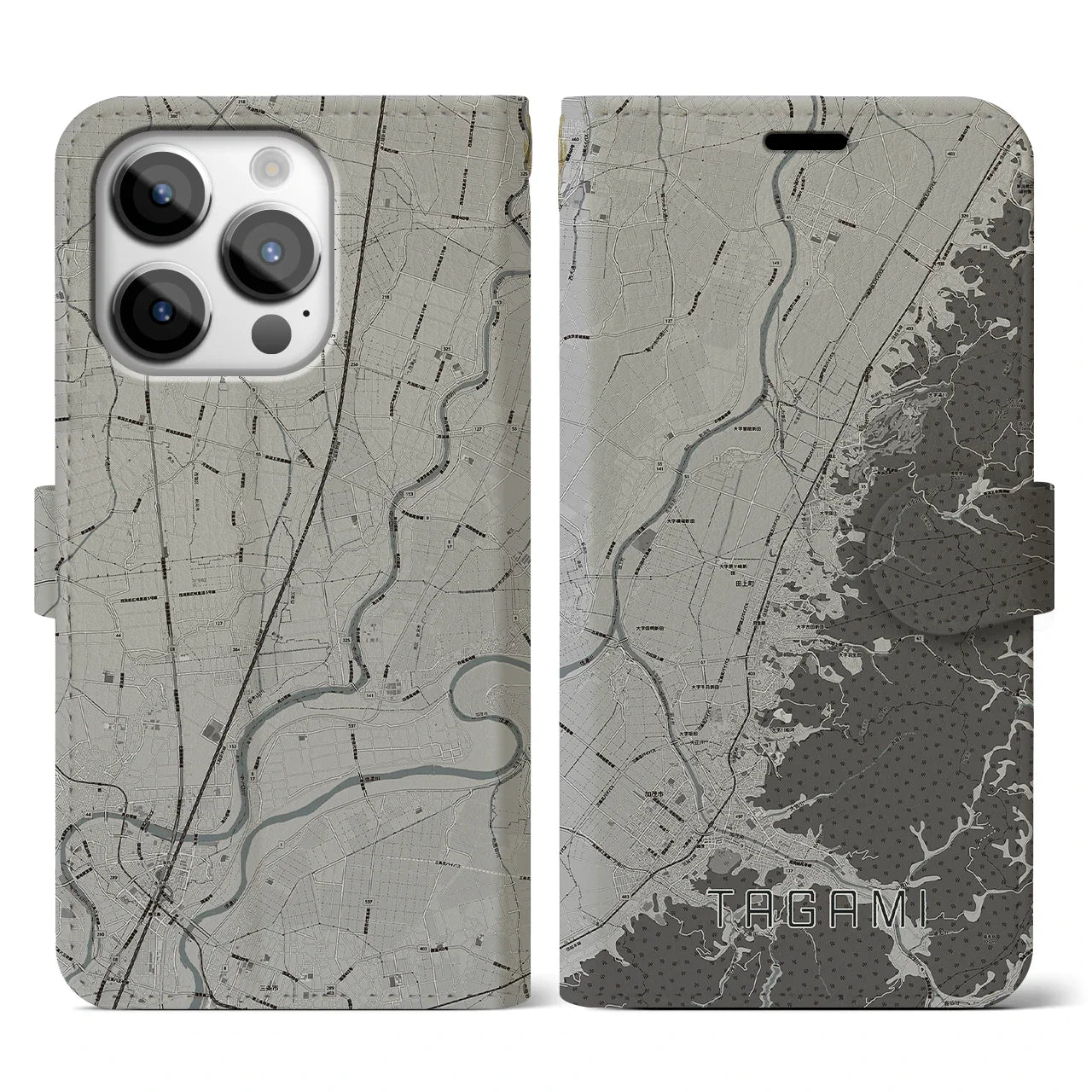 【田上(新潟県)】地図柄iPhoneケース(手帳タイプ)モノトーン・iPhone 14 Pro 用