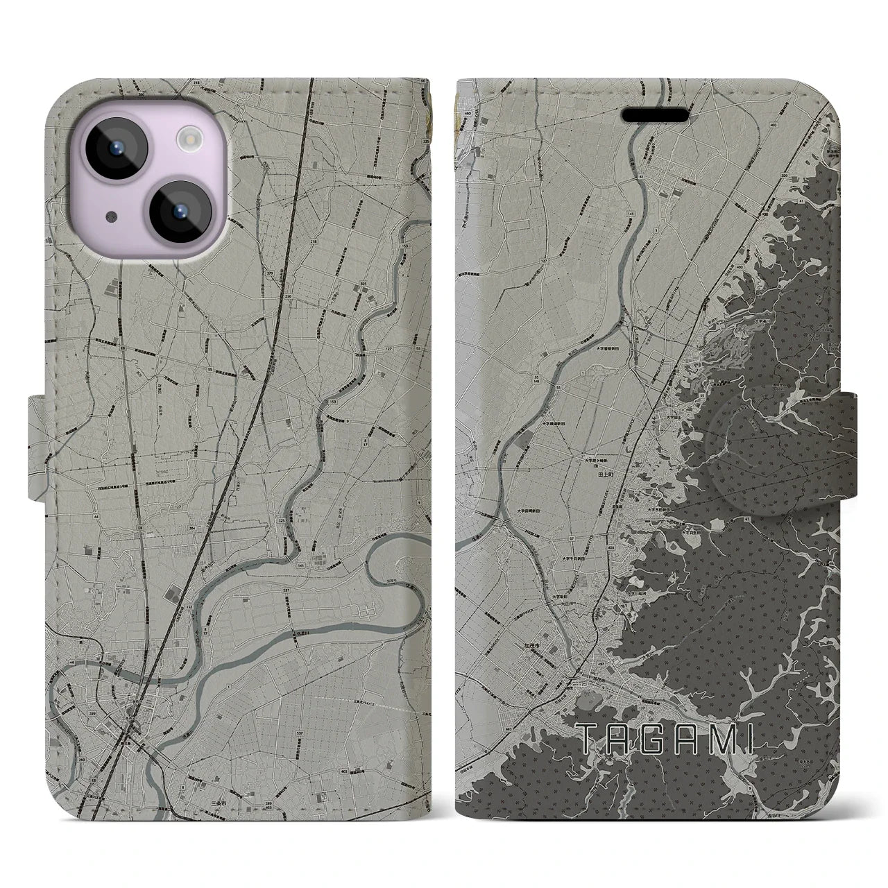 【田上(新潟県)】地図柄iPhoneケース(手帳タイプ)モノトーン・iPhone 14 用
