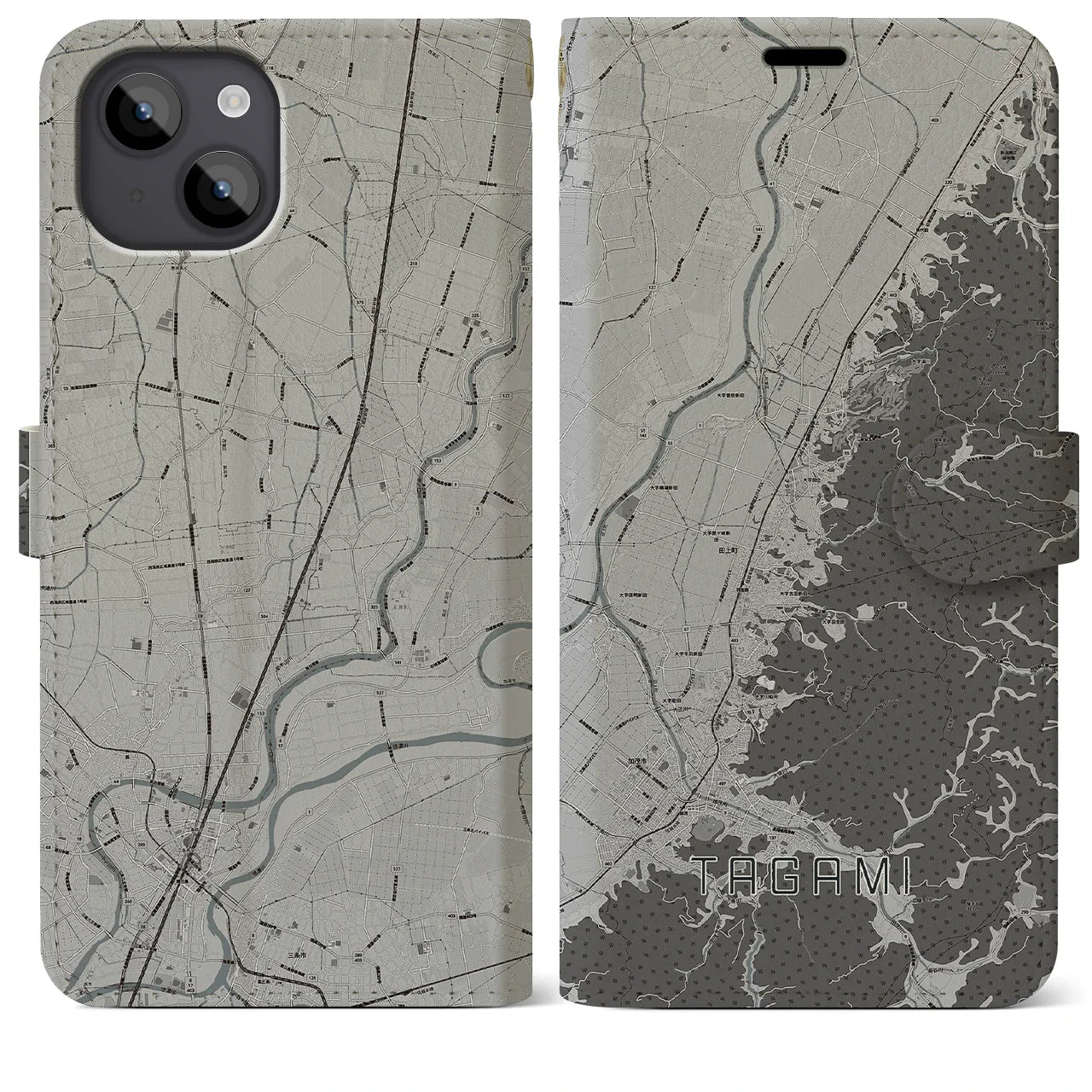 【田上(新潟県)】地図柄iPhoneケース(手帳タイプ)モノトーン・iPhone 14 Plus 用