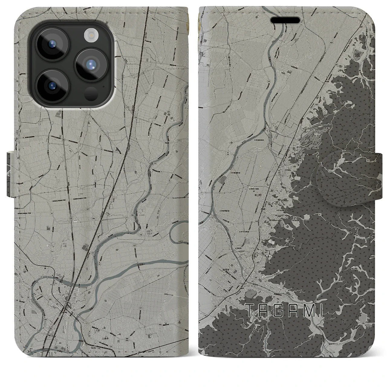 【田上(新潟県)】地図柄iPhoneケース(手帳タイプ)モノトーン・iPhone 15 Pro Max 用