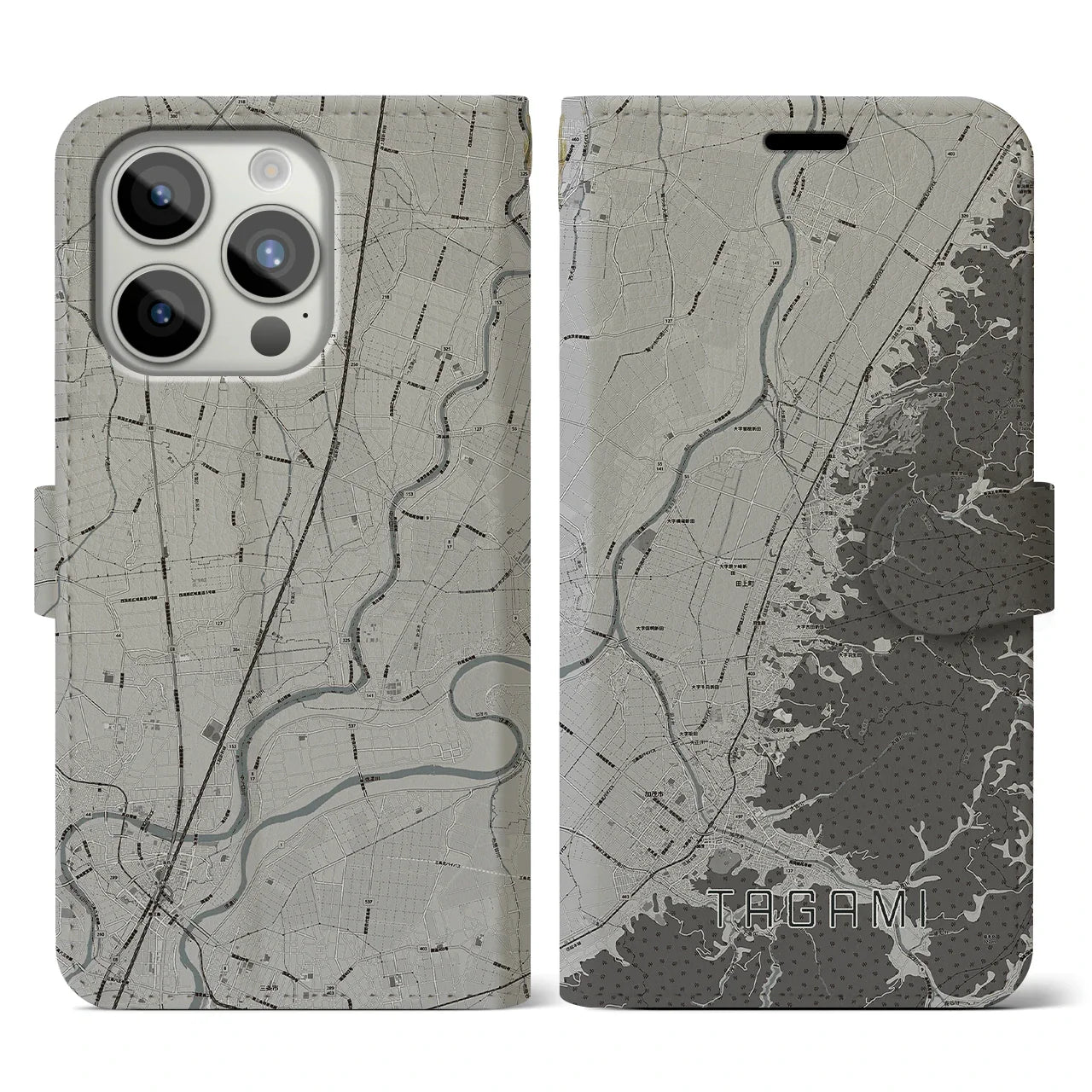 【田上(新潟県)】地図柄iPhoneケース(手帳タイプ)モノトーン・iPhone 15 Pro 用
