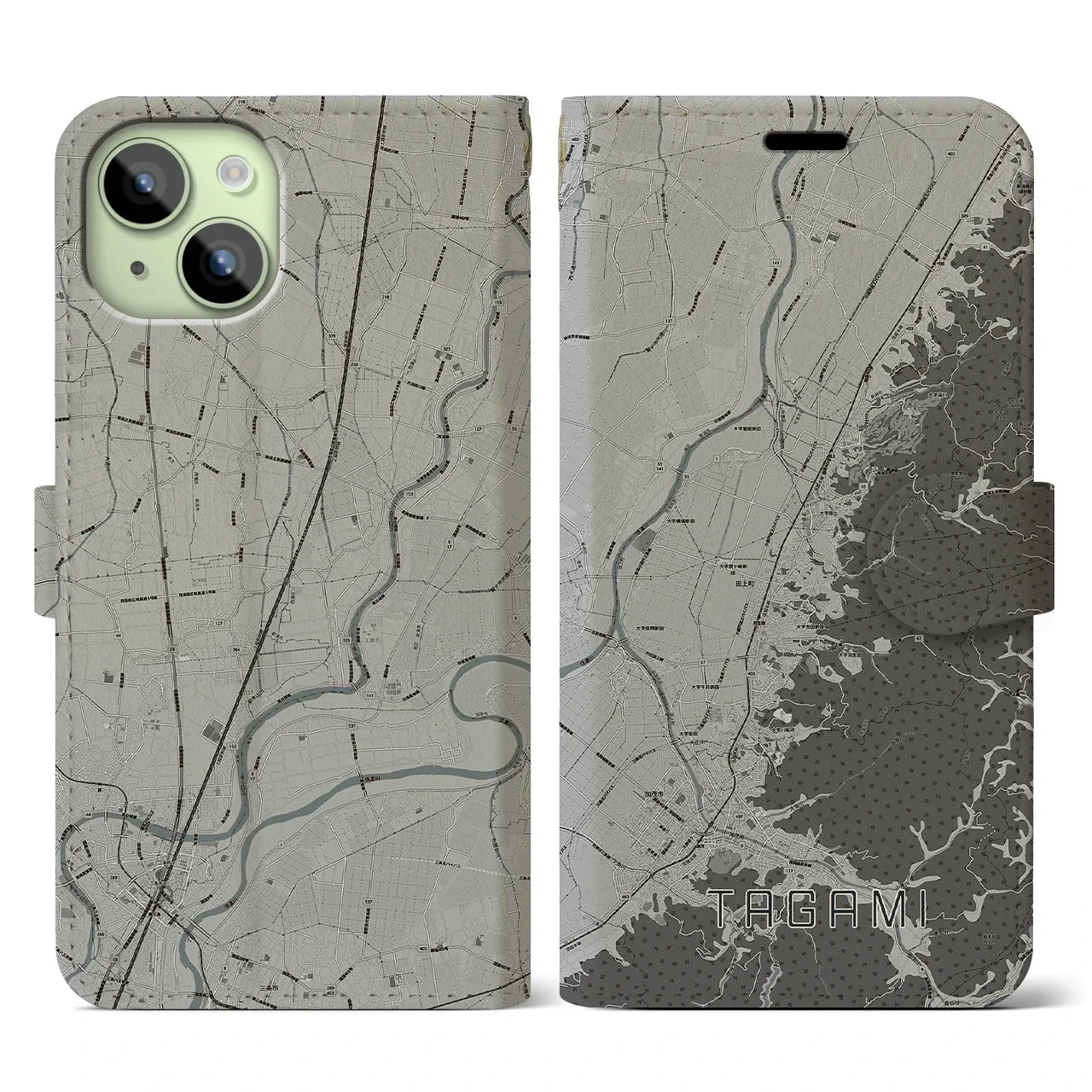 【田上(新潟県)】地図柄iPhoneケース(手帳タイプ)モノトーン・iPhone 15 用
