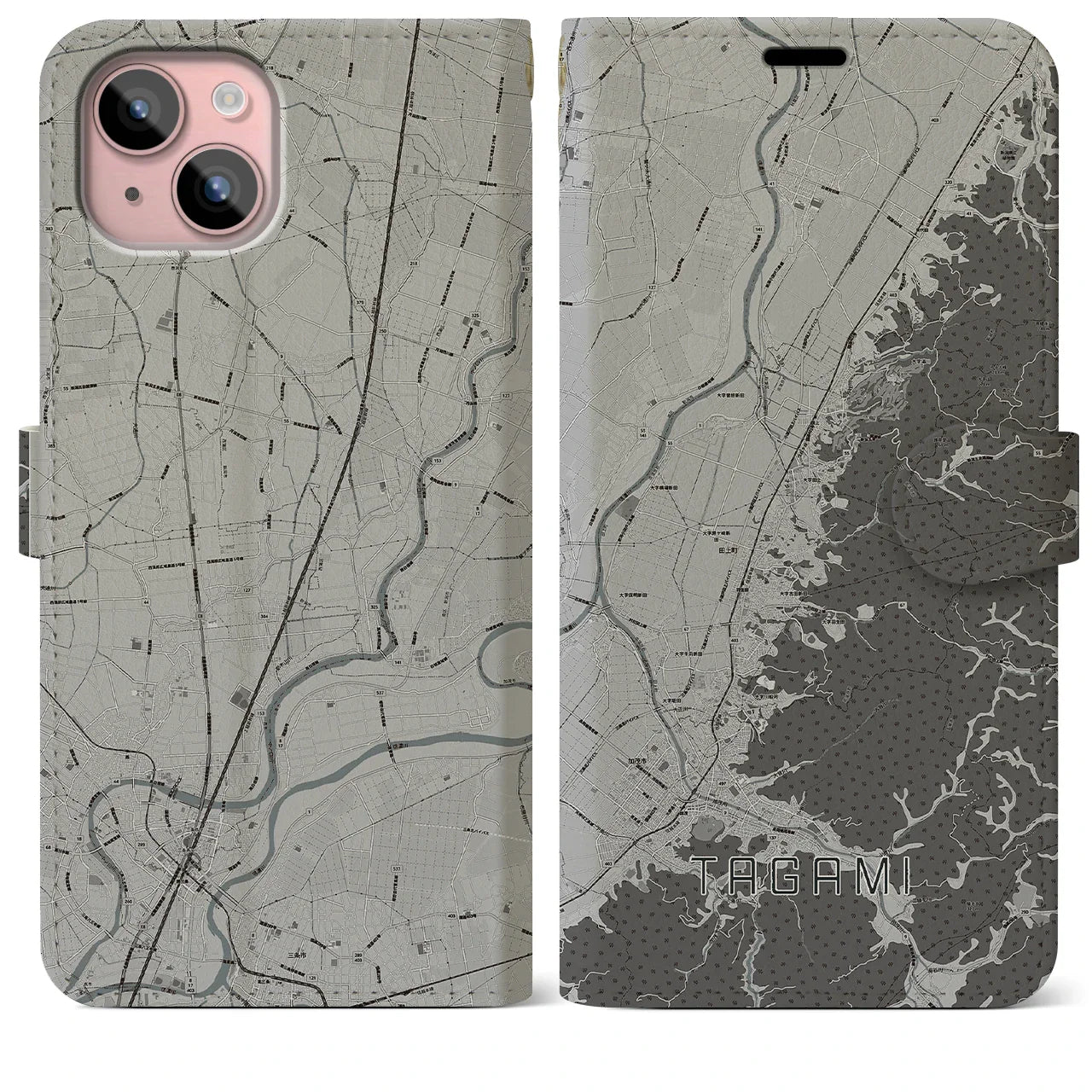 【田上(新潟県)】地図柄iPhoneケース(手帳タイプ)モノトーン・iPhone 15 Plus 用