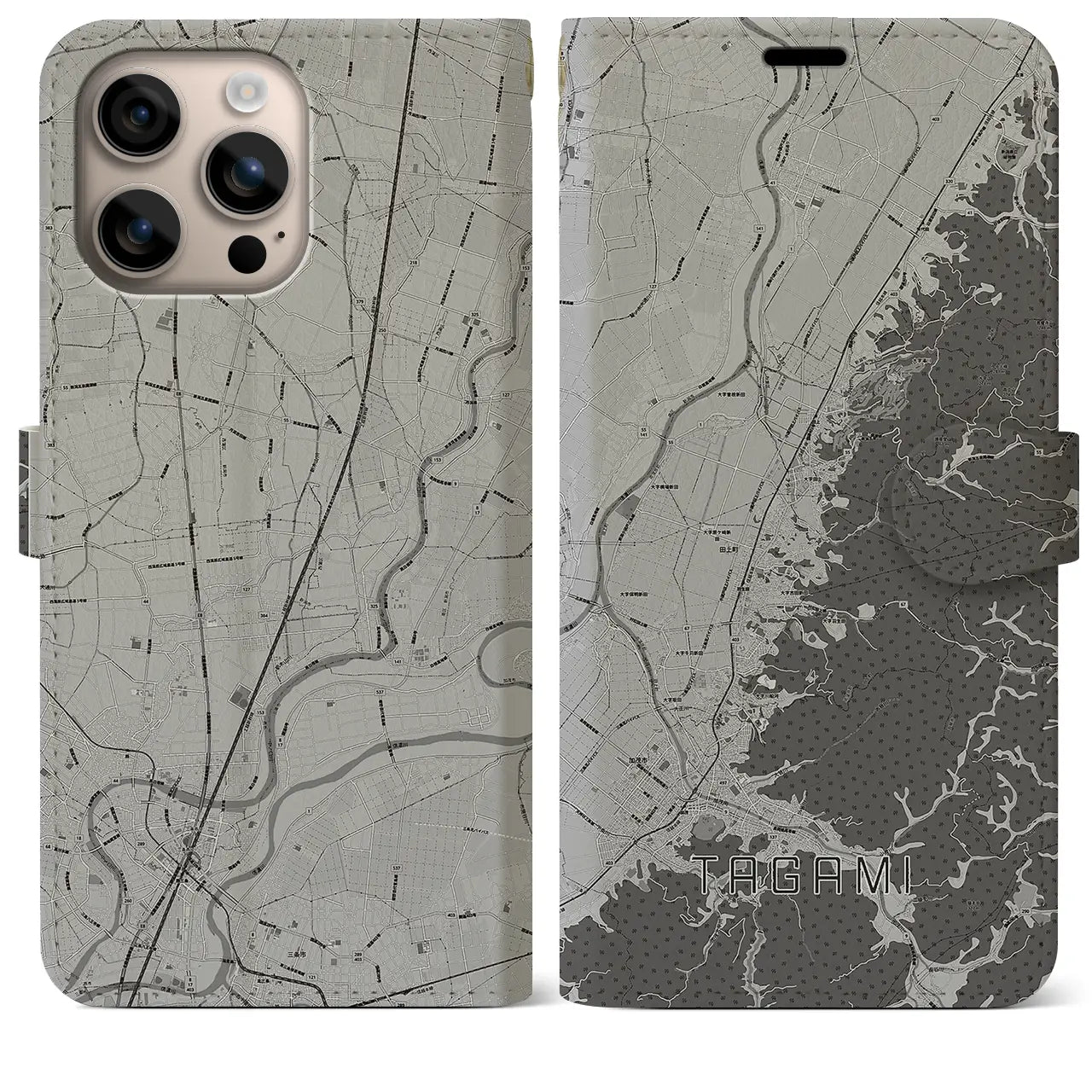 【田上(新潟県)】地図柄iPhoneケース(手帳タイプ)モノトーン・iPhone 16 Plus 用