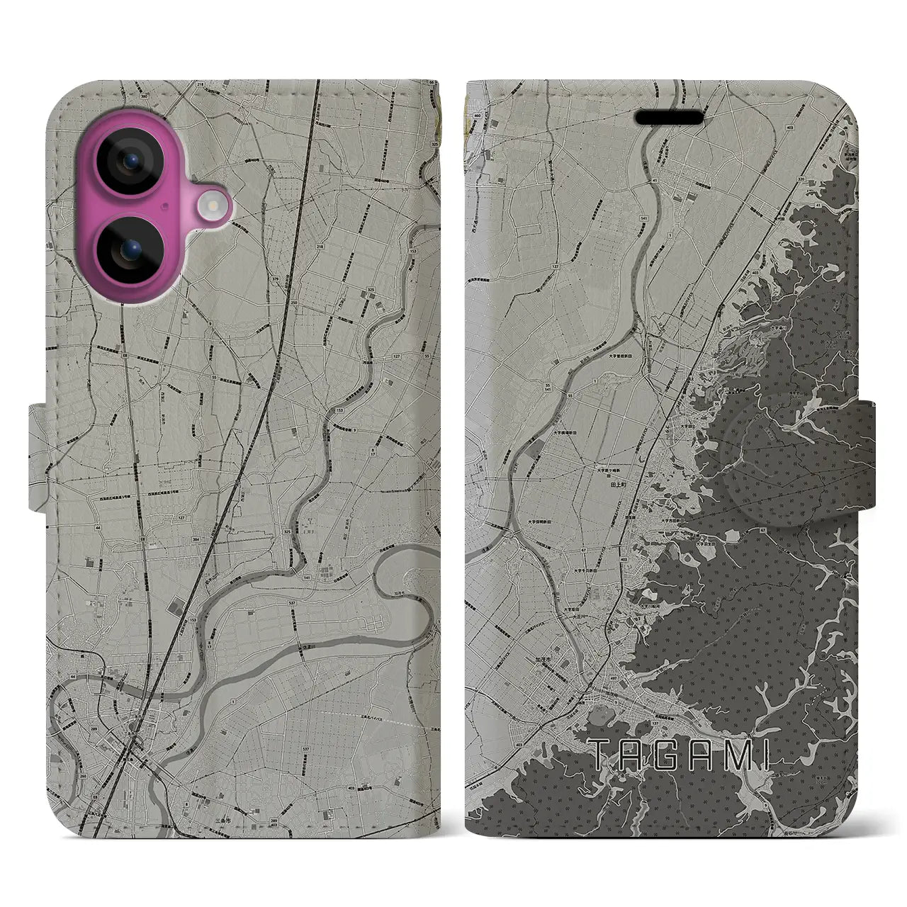 【田上(新潟県)】地図柄iPhoneケース(手帳タイプ)モノトーン・iPhone 16 Pro 用