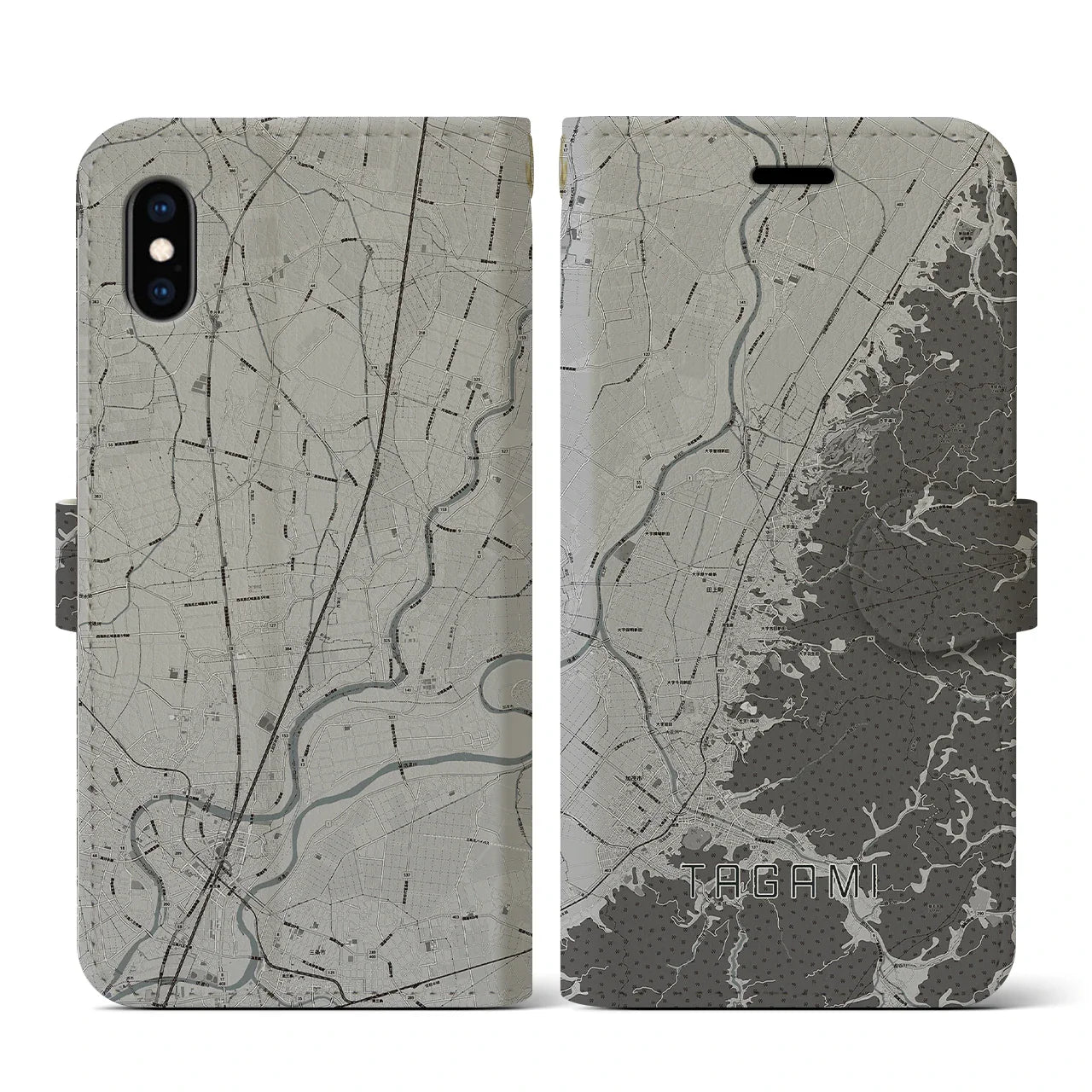 【田上(新潟県)】地図柄iPhoneケース(手帳タイプ)モノトーン・iPhone XS / X 用