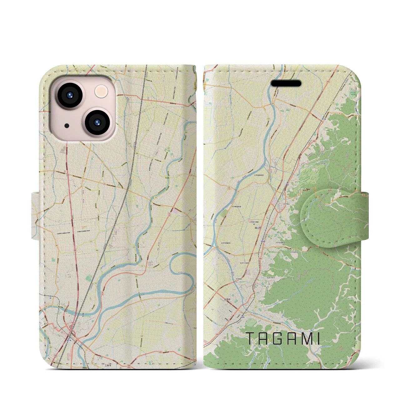 【田上(新潟県)】地図柄iPhoneケース(手帳タイプ)ナチュラル・iPhone 13 mini 用