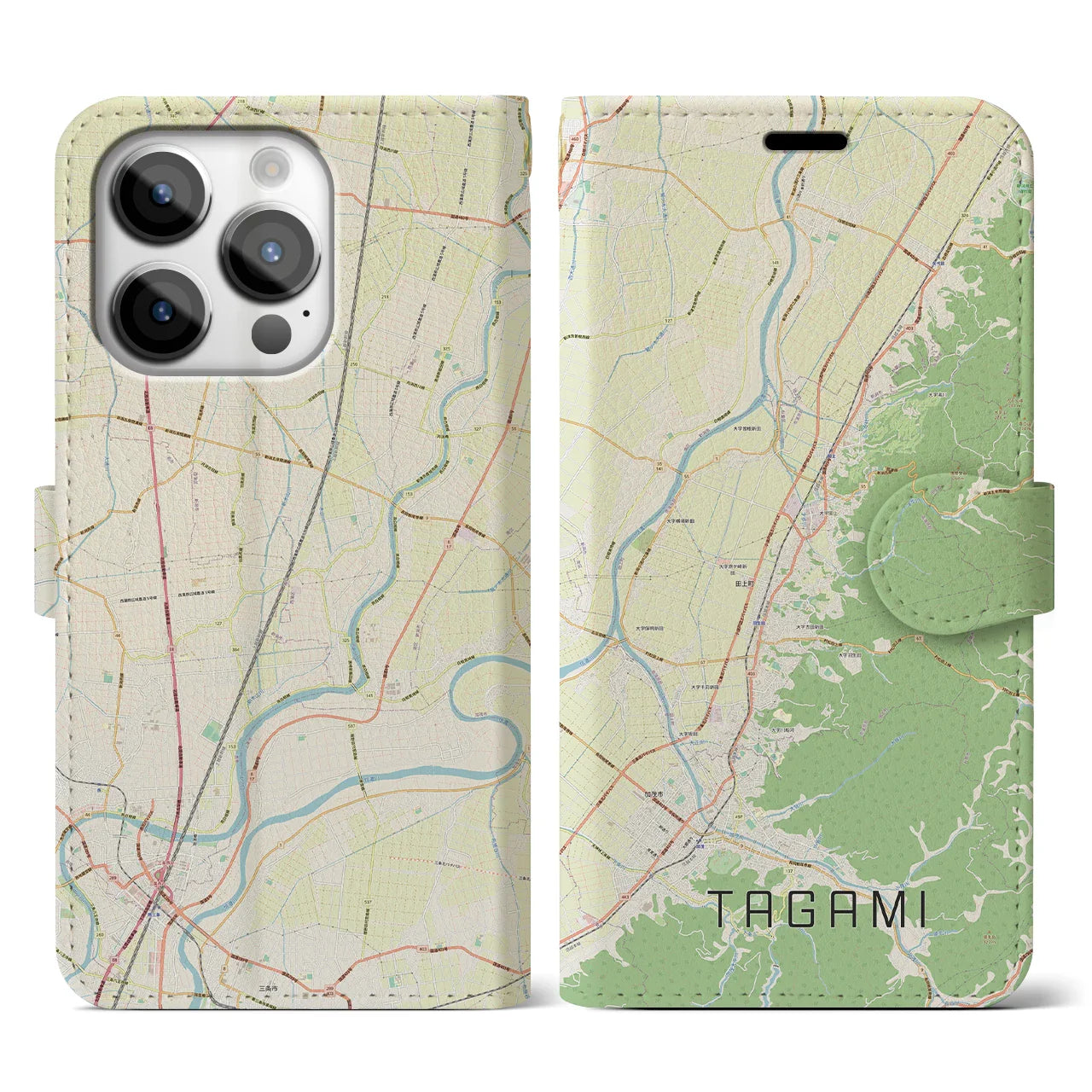 【田上(新潟県)】地図柄iPhoneケース(手帳タイプ)ナチュラル・iPhone 14 Pro 用