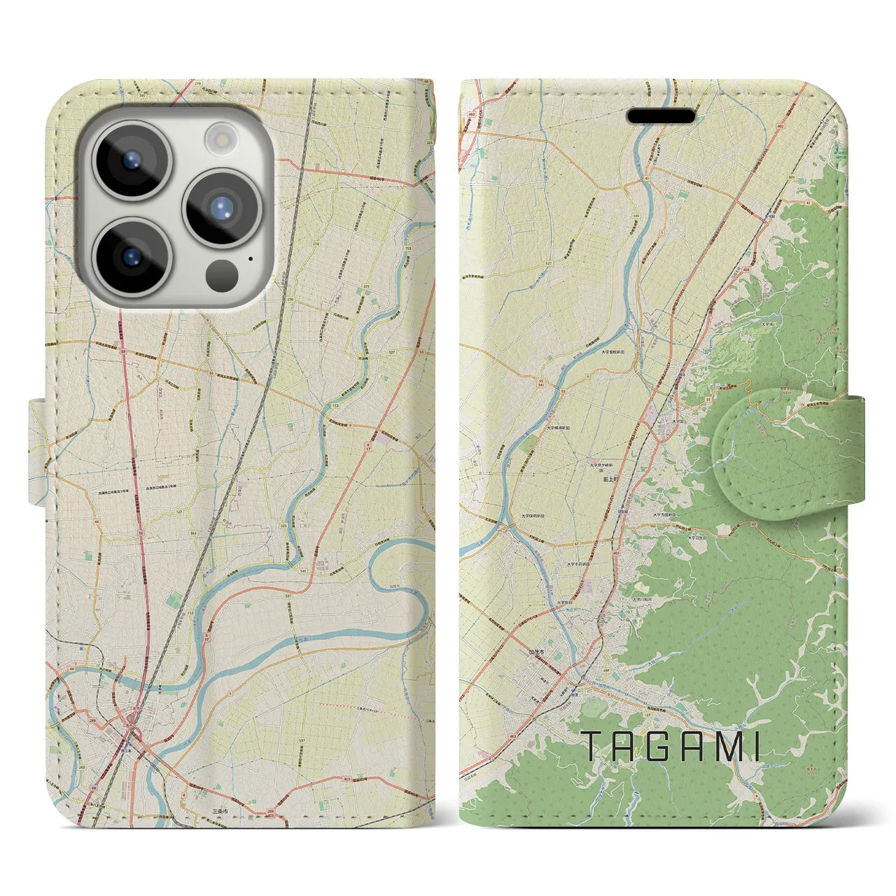 【田上(新潟県)】地図柄iPhoneケース(手帳タイプ)ナチュラル・iPhone 15 Pro 用