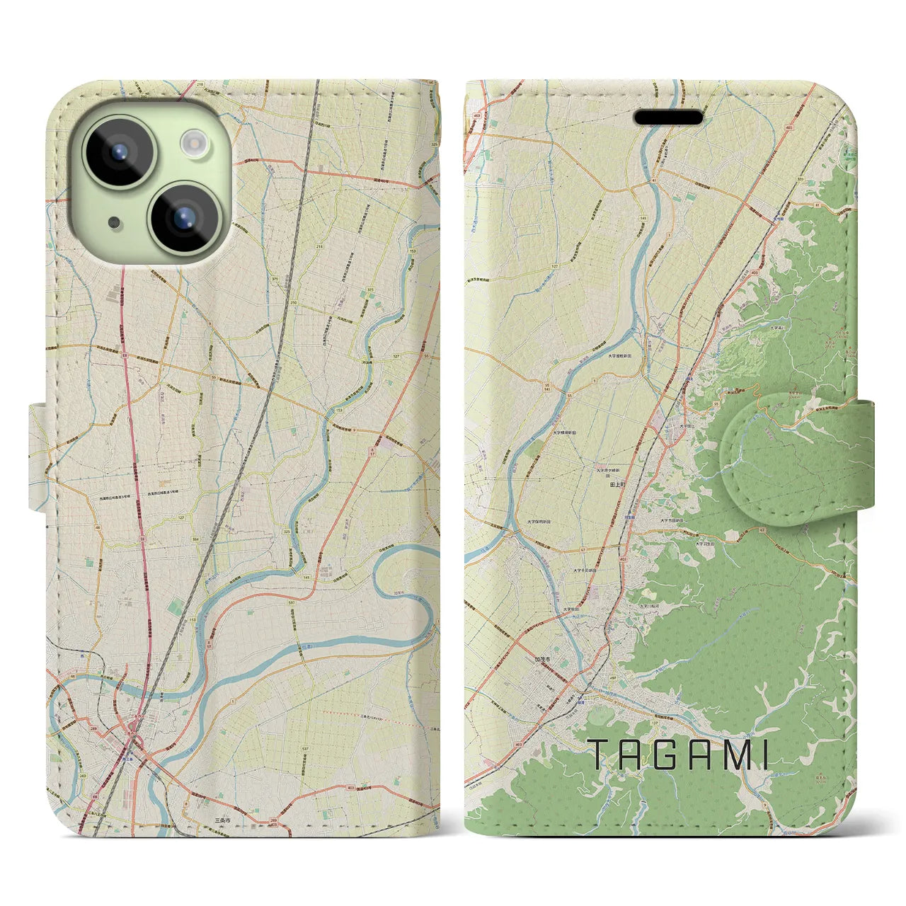 【田上(新潟県)】地図柄iPhoneケース(手帳タイプ)ナチュラル・iPhone 15 用