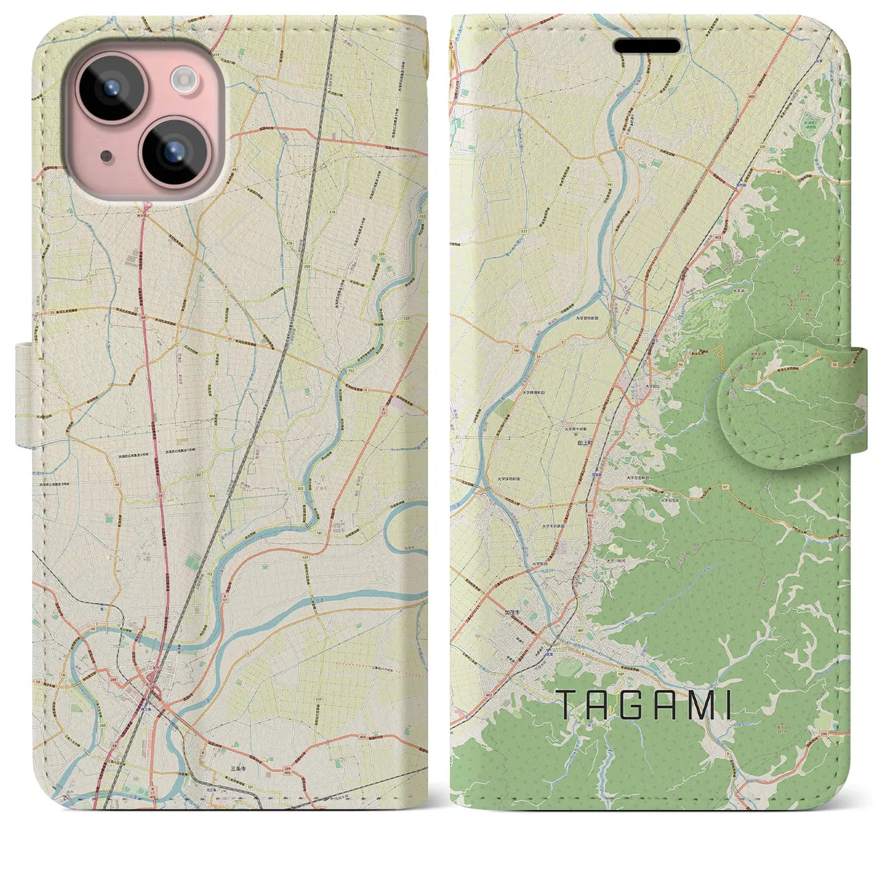 【田上(新潟県)】地図柄iPhoneケース(手帳タイプ)ナチュラル・iPhone 15 Plus 用