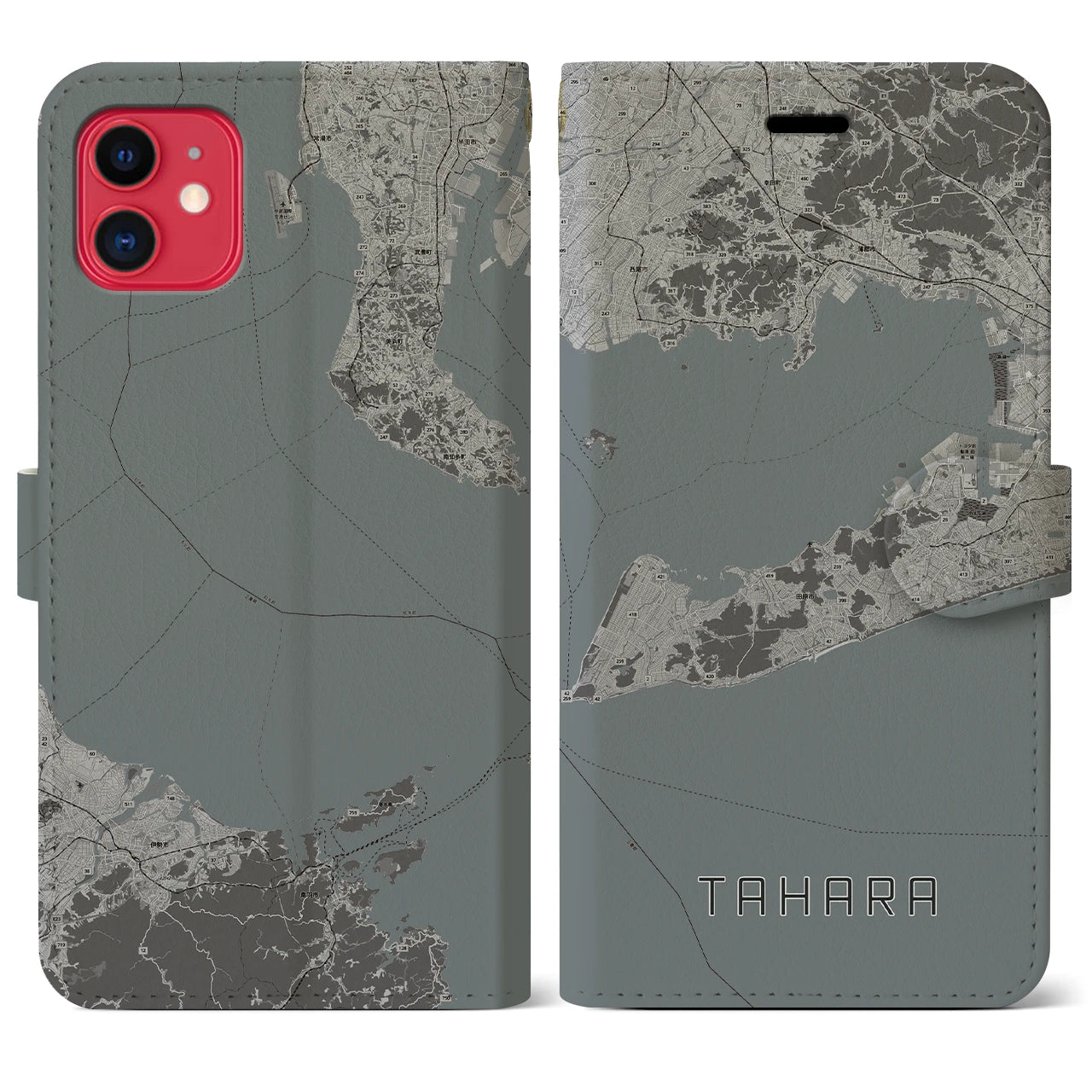 【田原(愛知県)】地図柄iPhoneケース(手帳タイプ)モノトーン・iPhone 11 用