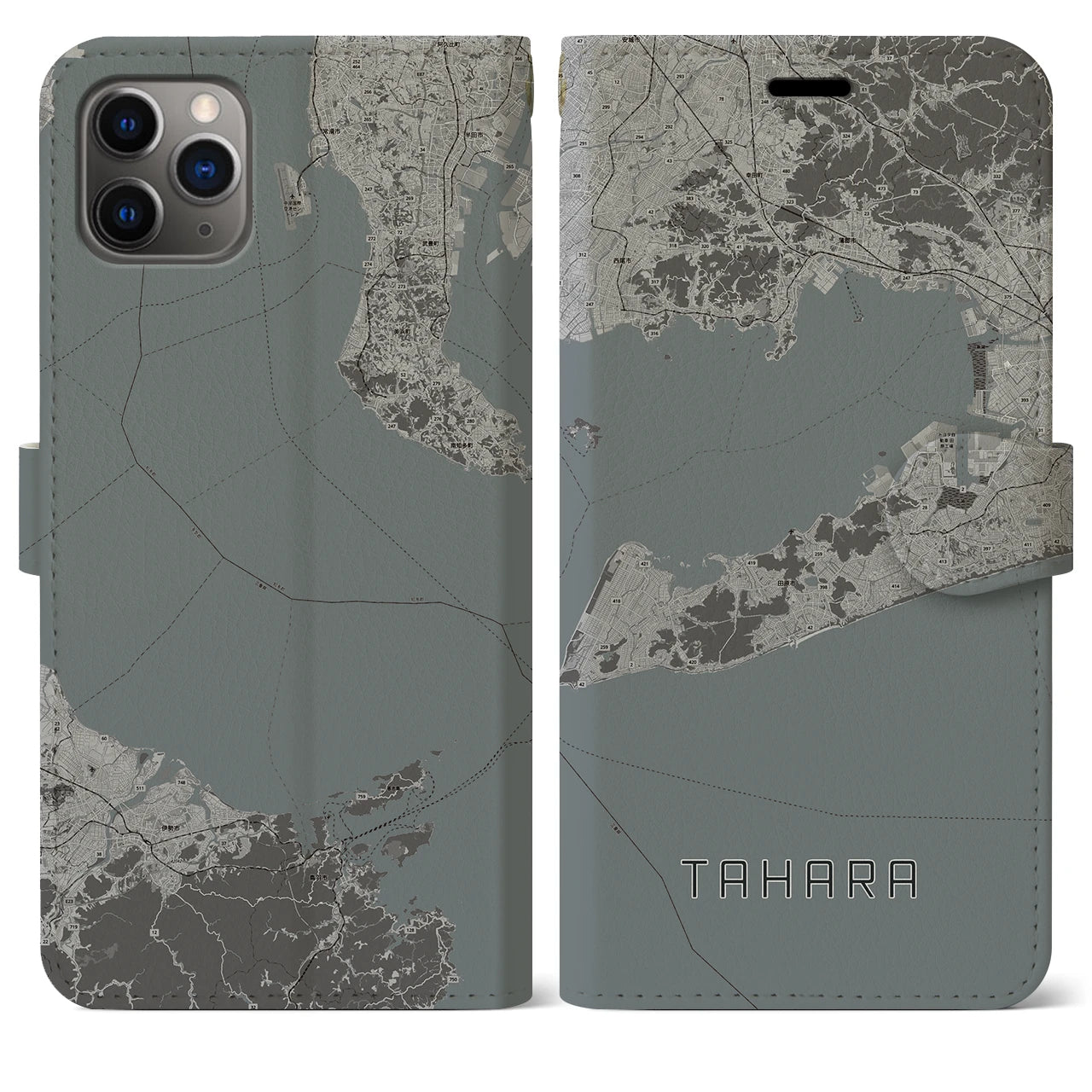 【田原(愛知県)】地図柄iPhoneケース(手帳タイプ)モノトーン・iPhone 11 Pro Max 用