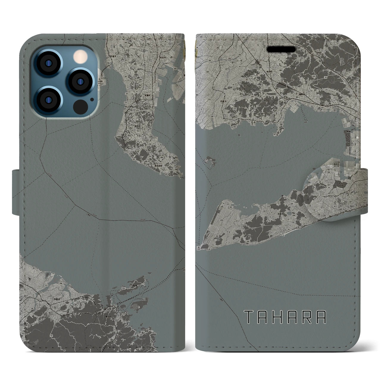 【田原(愛知県)】地図柄iPhoneケース(手帳タイプ)モノトーン・iPhone 12 / 12 Pro 用