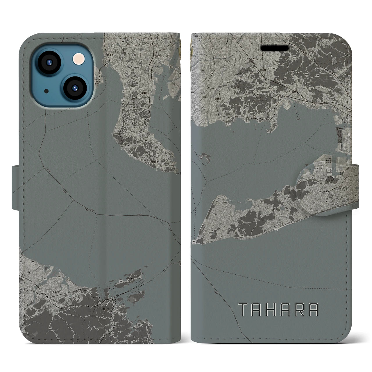 【田原(愛知県)】地図柄iPhoneケース(手帳タイプ)モノトーン・iPhone 13 用