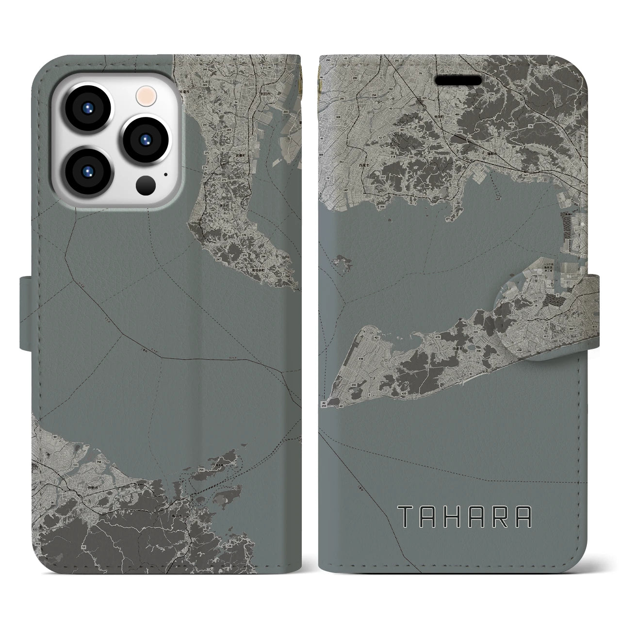 【田原(愛知県)】地図柄iPhoneケース(手帳タイプ)モノトーン・iPhone 13 Pro 用