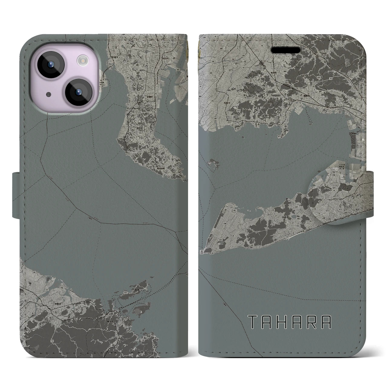【田原(愛知県)】地図柄iPhoneケース(手帳タイプ)モノトーン・iPhone 14 用