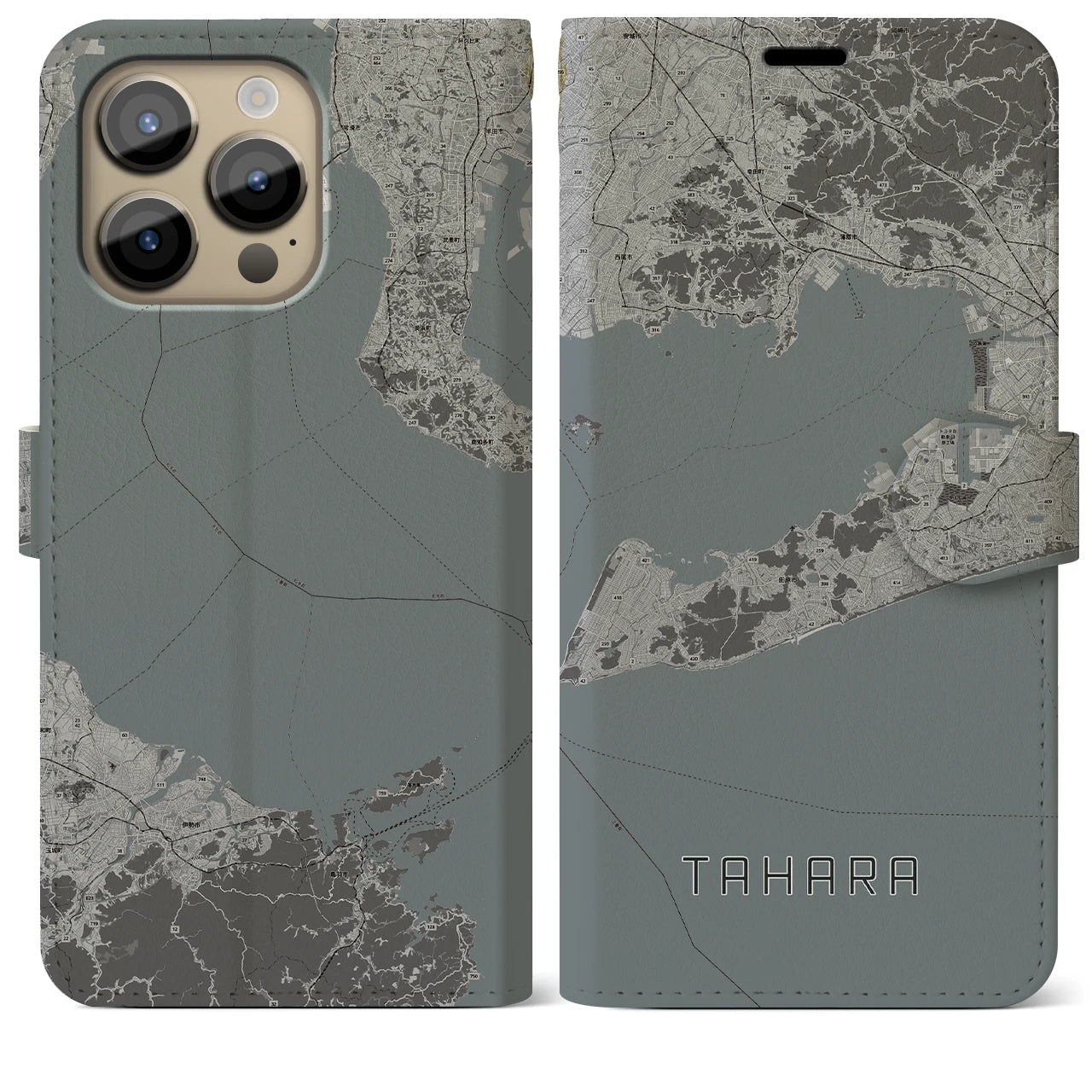 【田原(愛知県)】地図柄iPhoneケース(手帳タイプ)モノトーン・iPhone 14 Pro Max 用