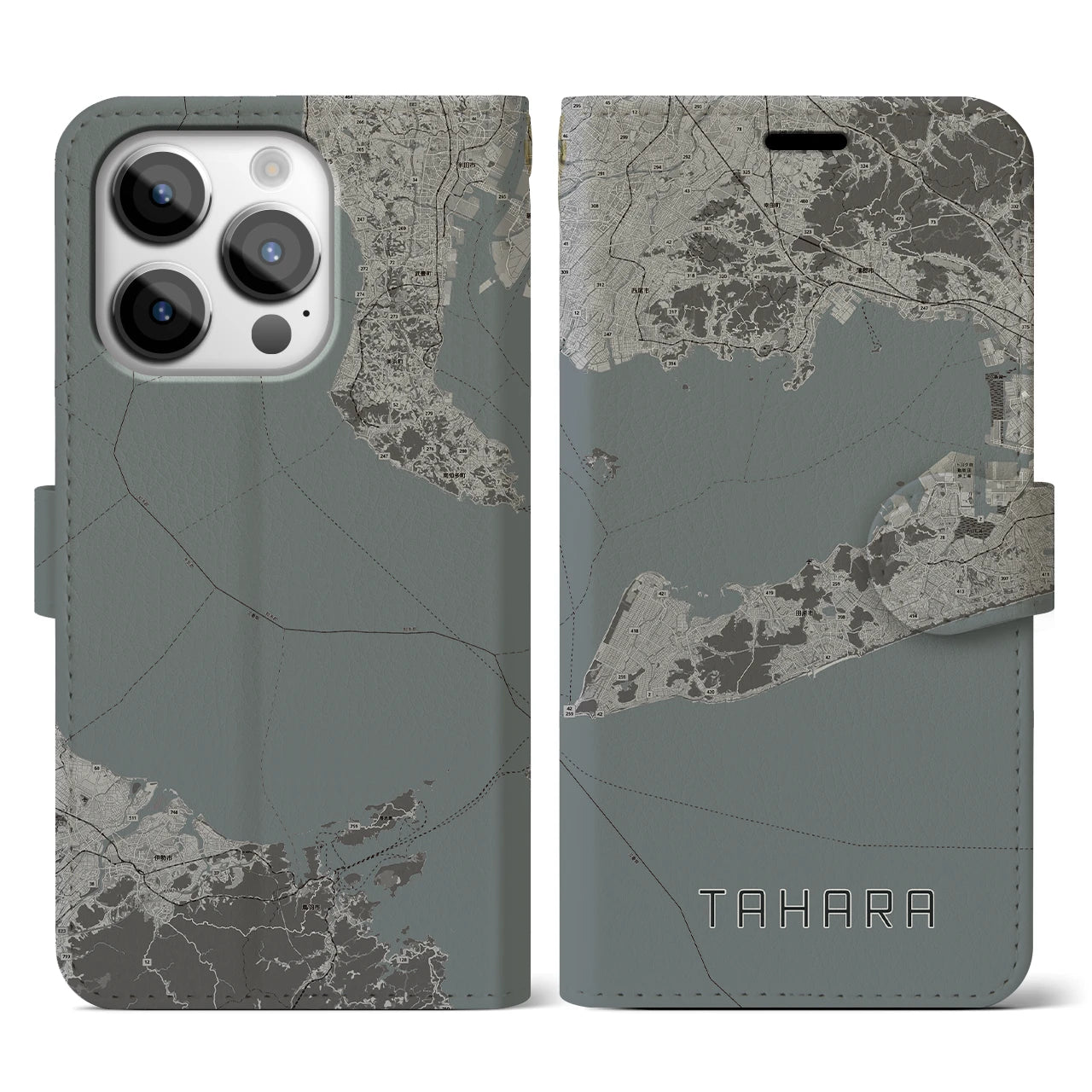 【田原(愛知県)】地図柄iPhoneケース(手帳タイプ)モノトーン・iPhone 14 Pro 用