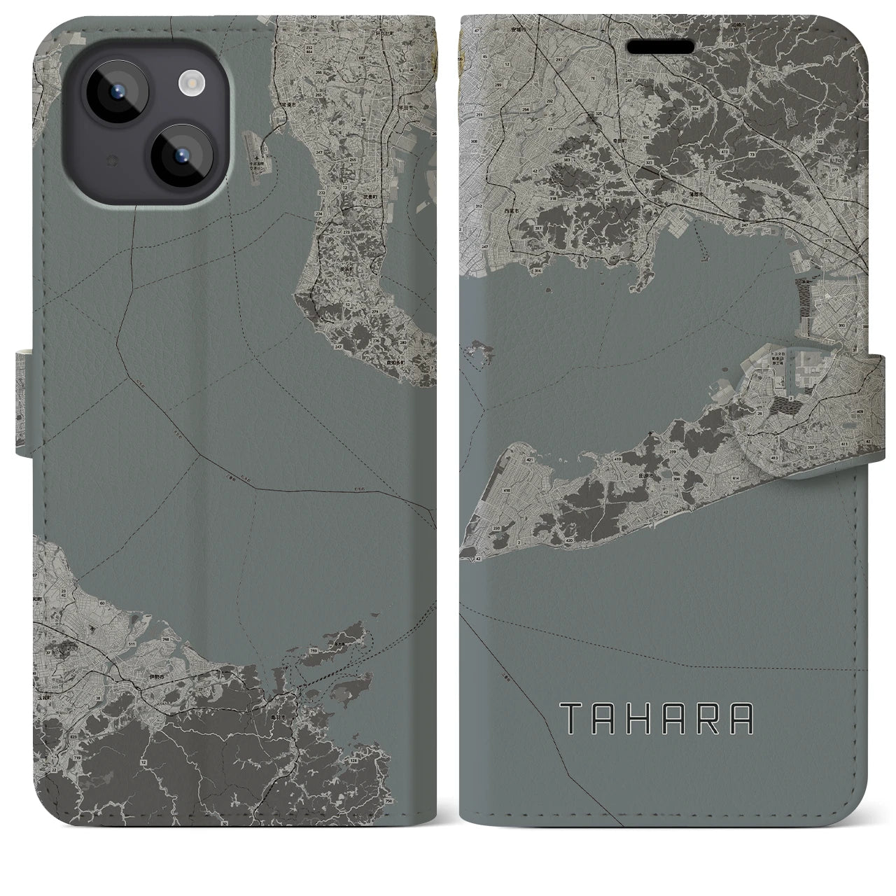 【田原(愛知県)】地図柄iPhoneケース(手帳タイプ)モノトーン・iPhone 14 Plus 用