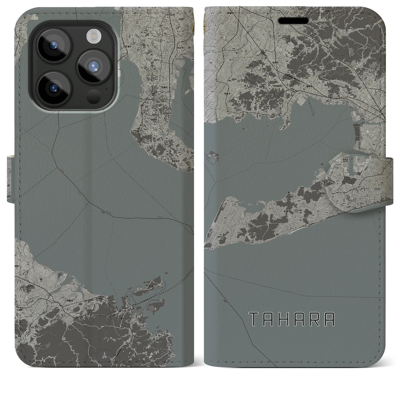 【田原(愛知県)】地図柄iPhoneケース(手帳タイプ)モノトーン・iPhone 15 Pro Max 用
