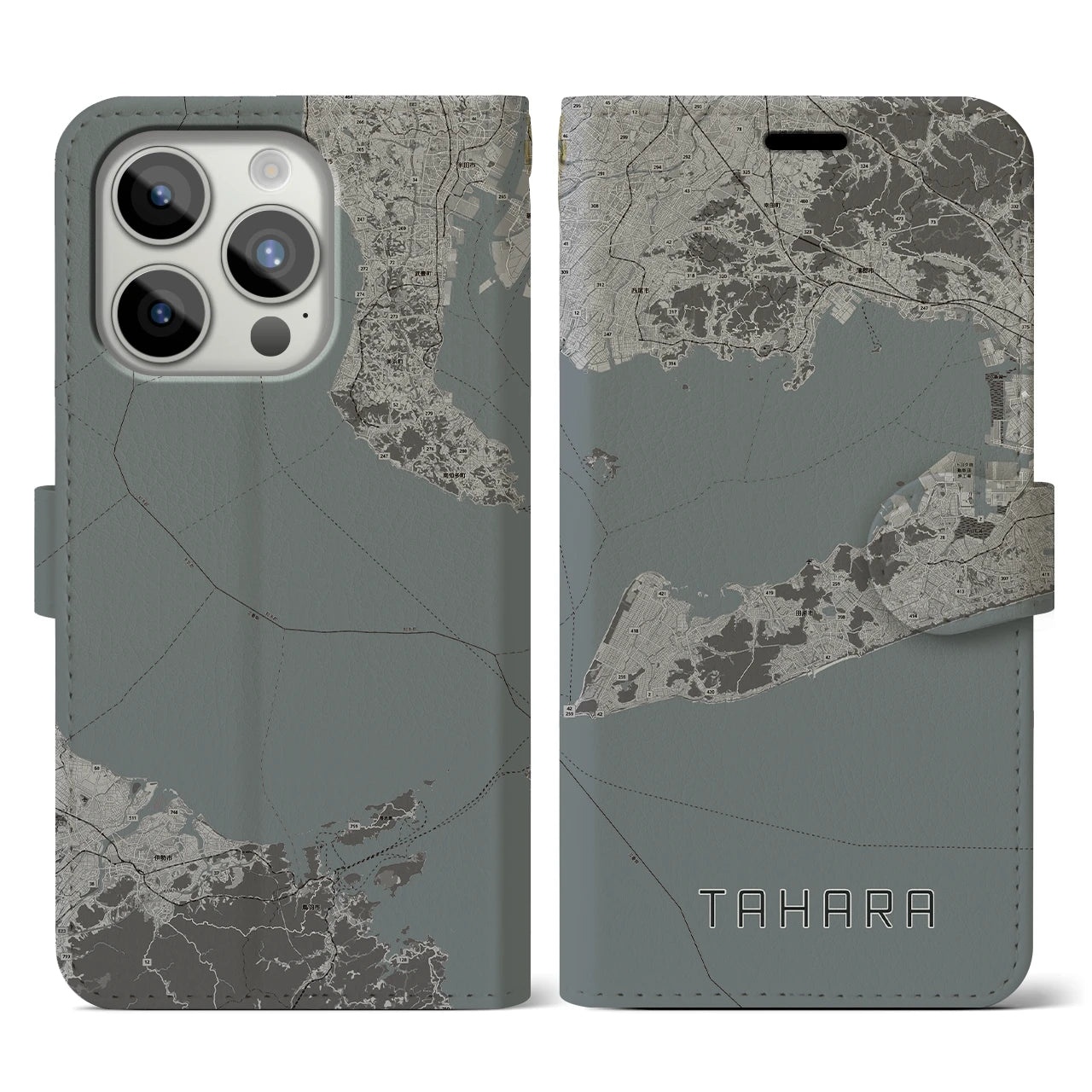 【田原(愛知県)】地図柄iPhoneケース(手帳タイプ)モノトーン・iPhone 15 Pro 用