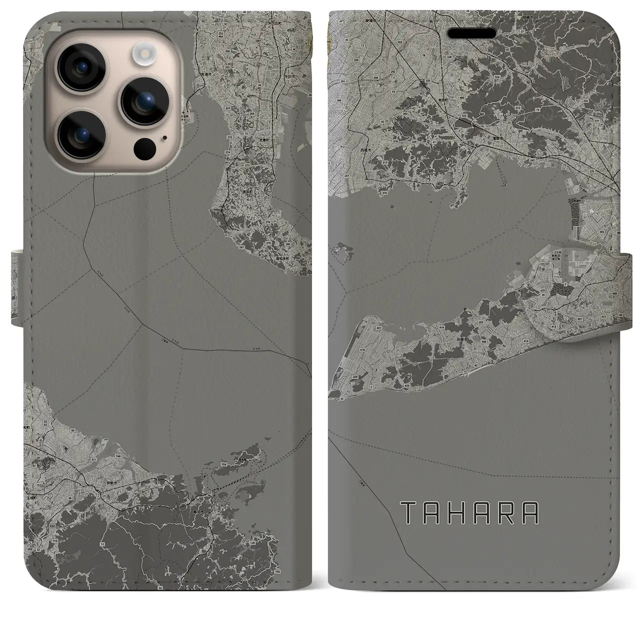 【田原(愛知県)】地図柄iPhoneケース(手帳タイプ)モノトーン・iPhone 16 Plus 用