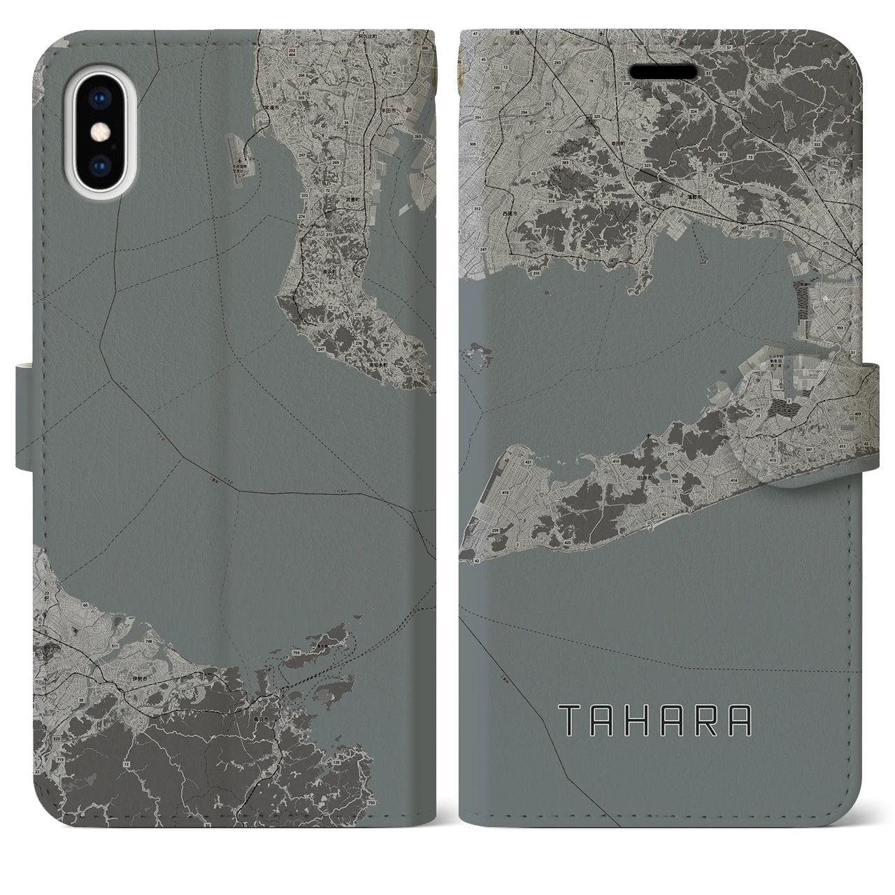 【田原(愛知県)】地図柄iPhoneケース(手帳タイプ)モノトーン・iPhone XS Max 用