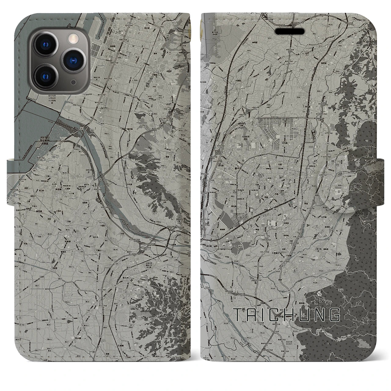 【台中(台湾)】地図柄iPhoneケース(手帳タイプ)モノトーン・iPhone 11 Pro Max 用