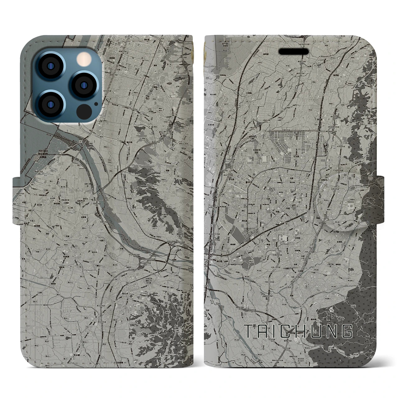 【台中(台湾)】地図柄iPhoneケース(手帳タイプ)モノトーン・iPhone 12 / 12 Pro 用
