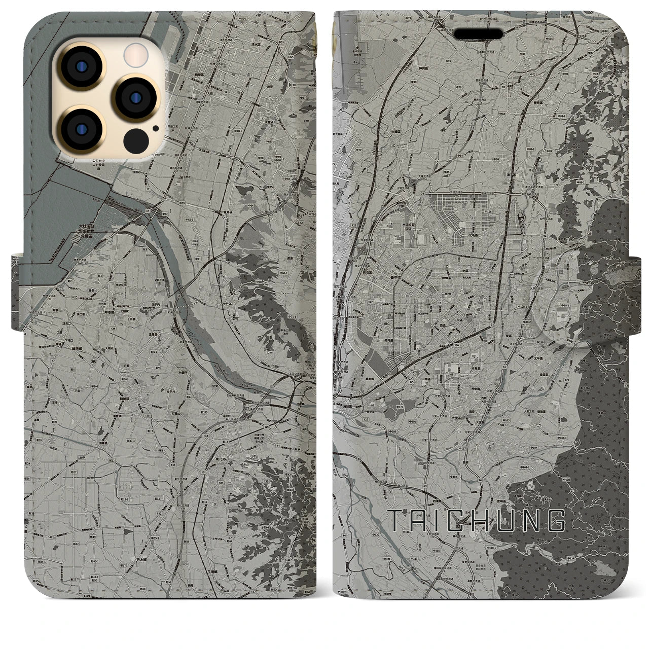 【台中(台湾)】地図柄iPhoneケース(手帳タイプ)モノトーン・iPhone 12 Pro Max 用
