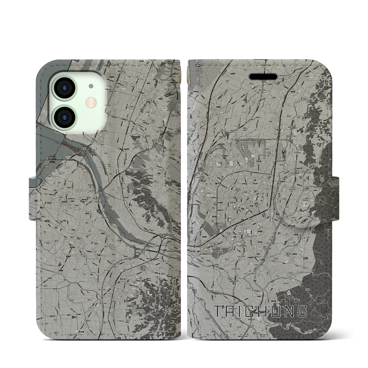 【台中(台湾)】地図柄iPhoneケース(手帳タイプ)モノトーン・iPhone 12 mini 用