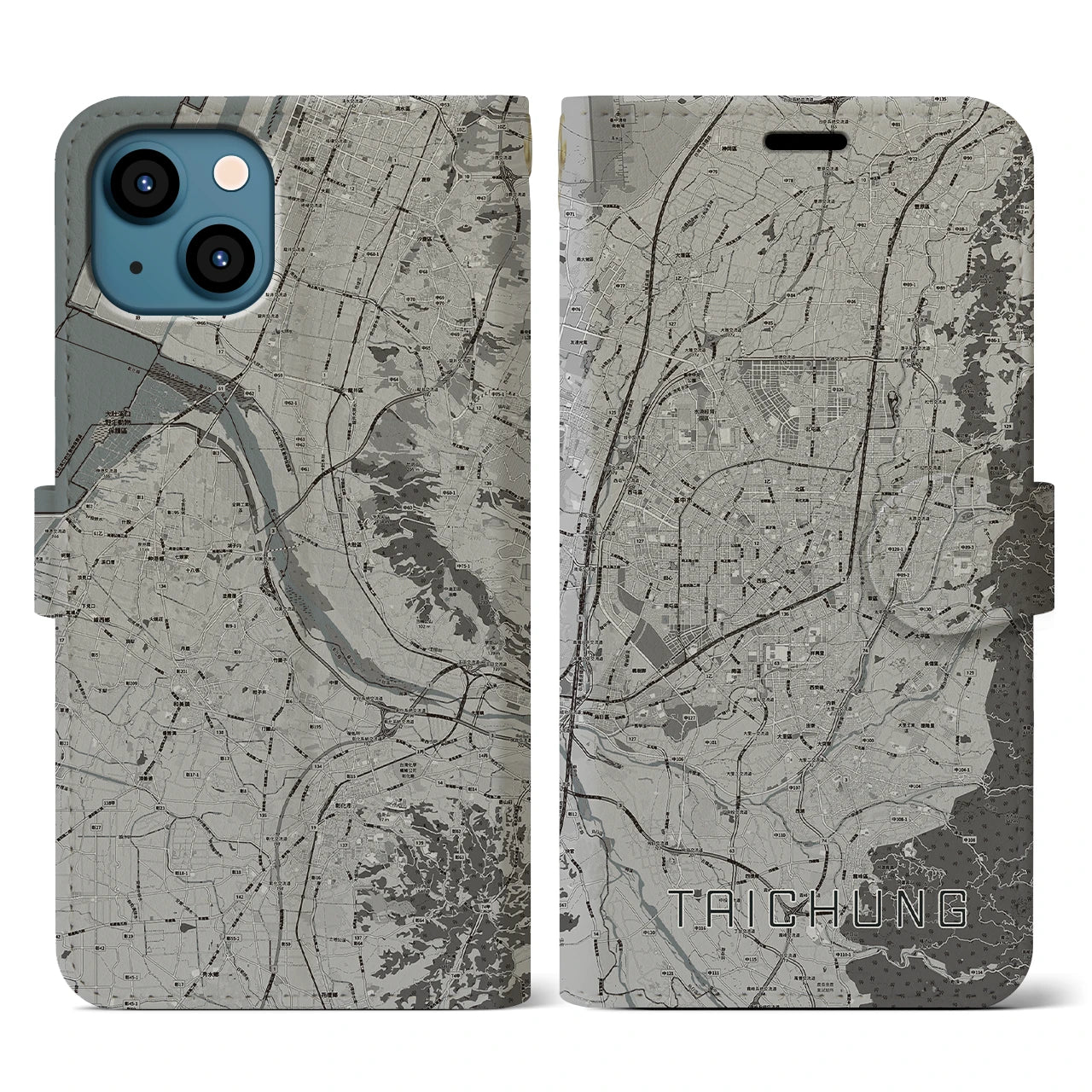 【台中(台湾)】地図柄iPhoneケース(手帳タイプ)モノトーン・iPhone 13 用
