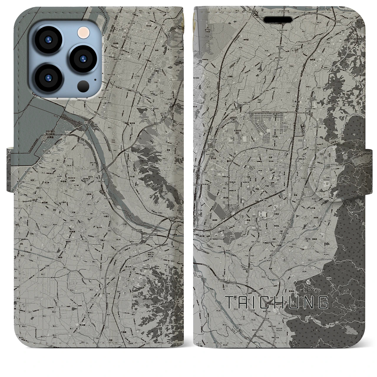 【台中(台湾)】地図柄iPhoneケース(手帳タイプ)モノトーン・iPhone 13 Pro Max 用