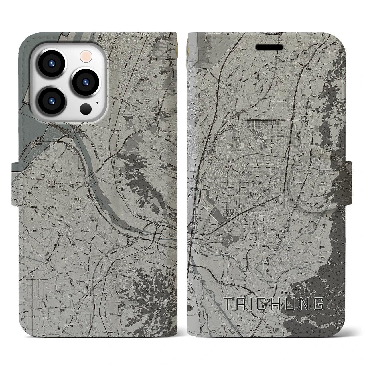 【台中(台湾)】地図柄iPhoneケース(手帳タイプ)モノトーン・iPhone 13 Pro 用