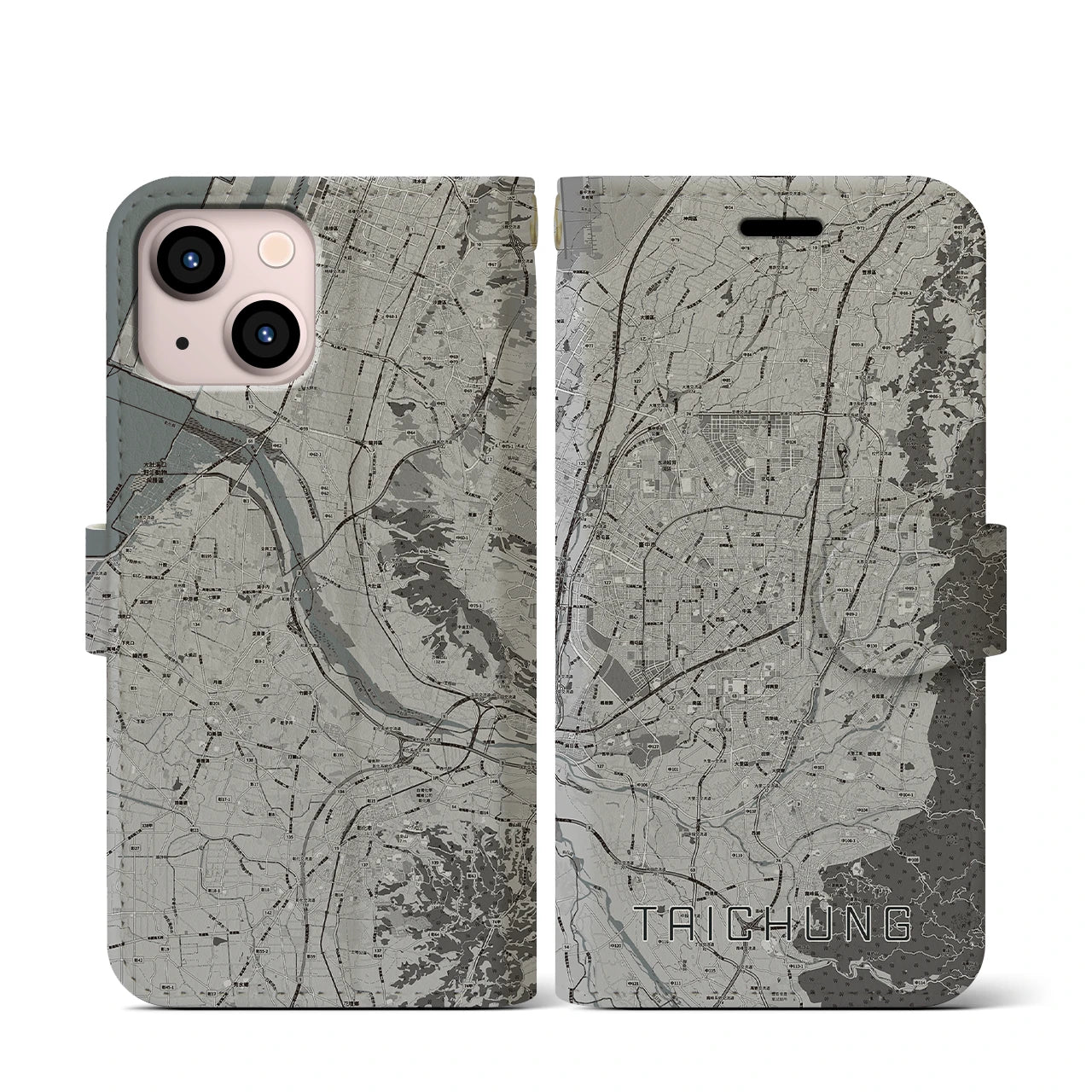 【台中(台湾)】地図柄iPhoneケース(手帳タイプ)モノトーン・iPhone 13 mini 用