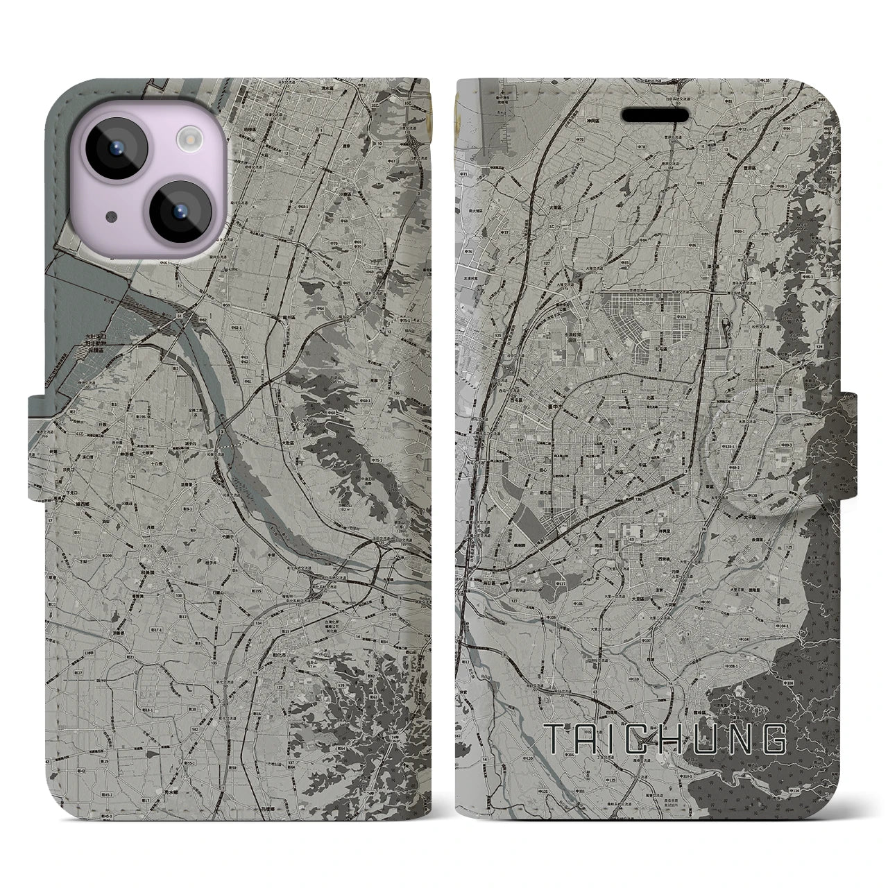 【台中(台湾)】地図柄iPhoneケース(手帳タイプ)モノトーン・iPhone 14 用
