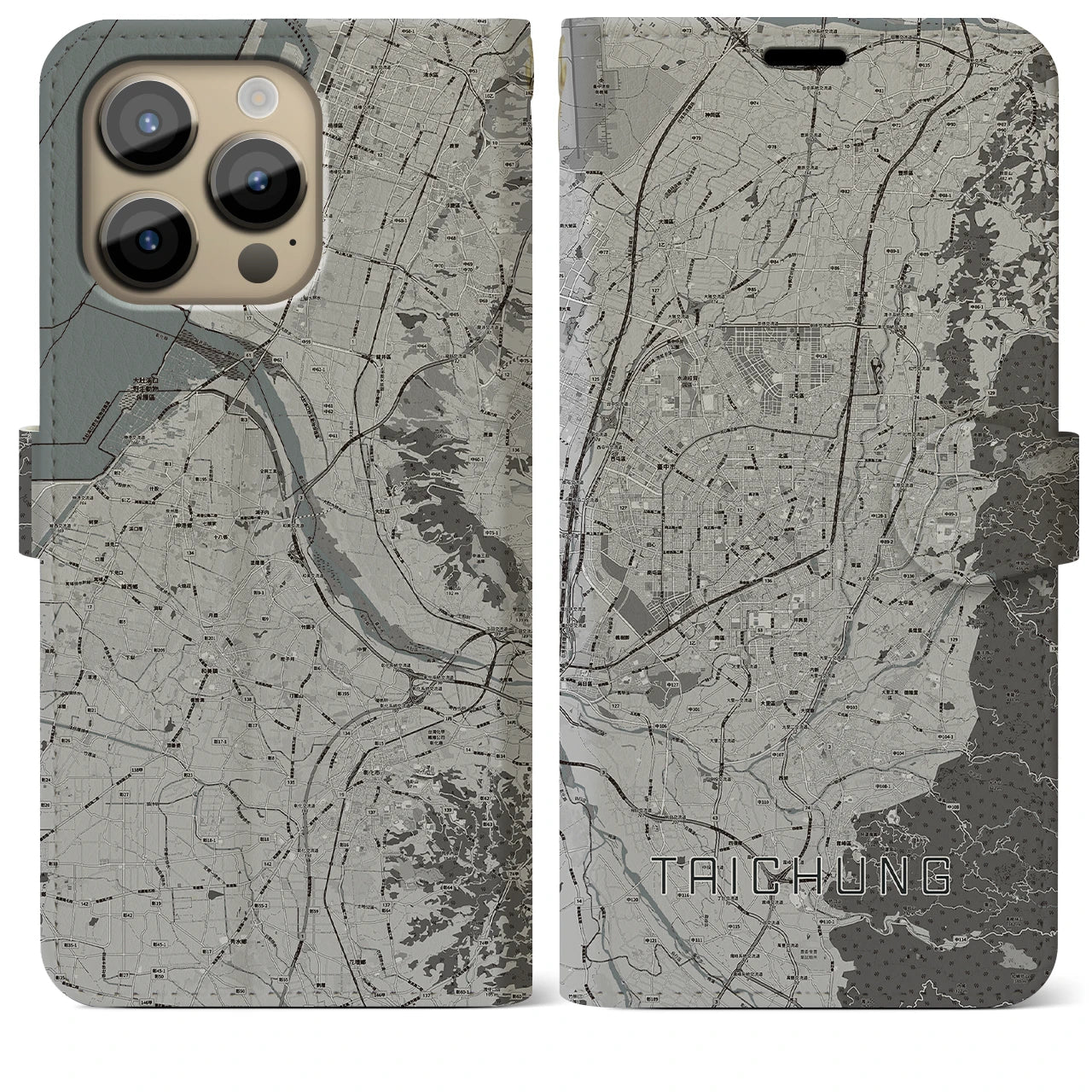 【台中(台湾)】地図柄iPhoneケース(手帳タイプ)モノトーン・iPhone 14 Pro Max 用
