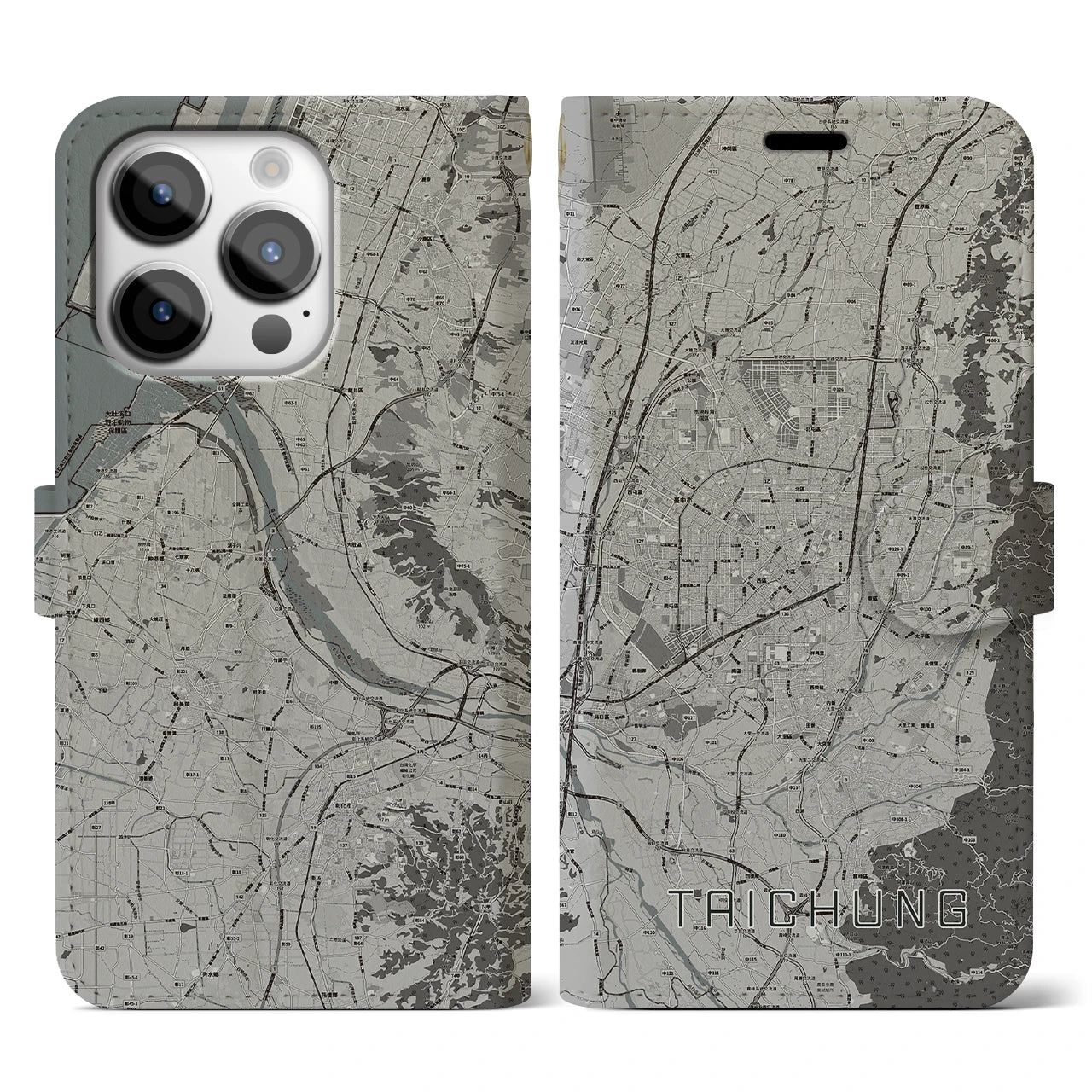 【台中(台湾)】地図柄iPhoneケース(手帳タイプ)モノトーン・iPhone 14 Pro 用