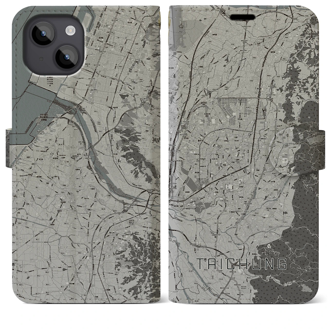 【台中(台湾)】地図柄iPhoneケース(手帳タイプ)モノトーン・iPhone 14 Plus 用