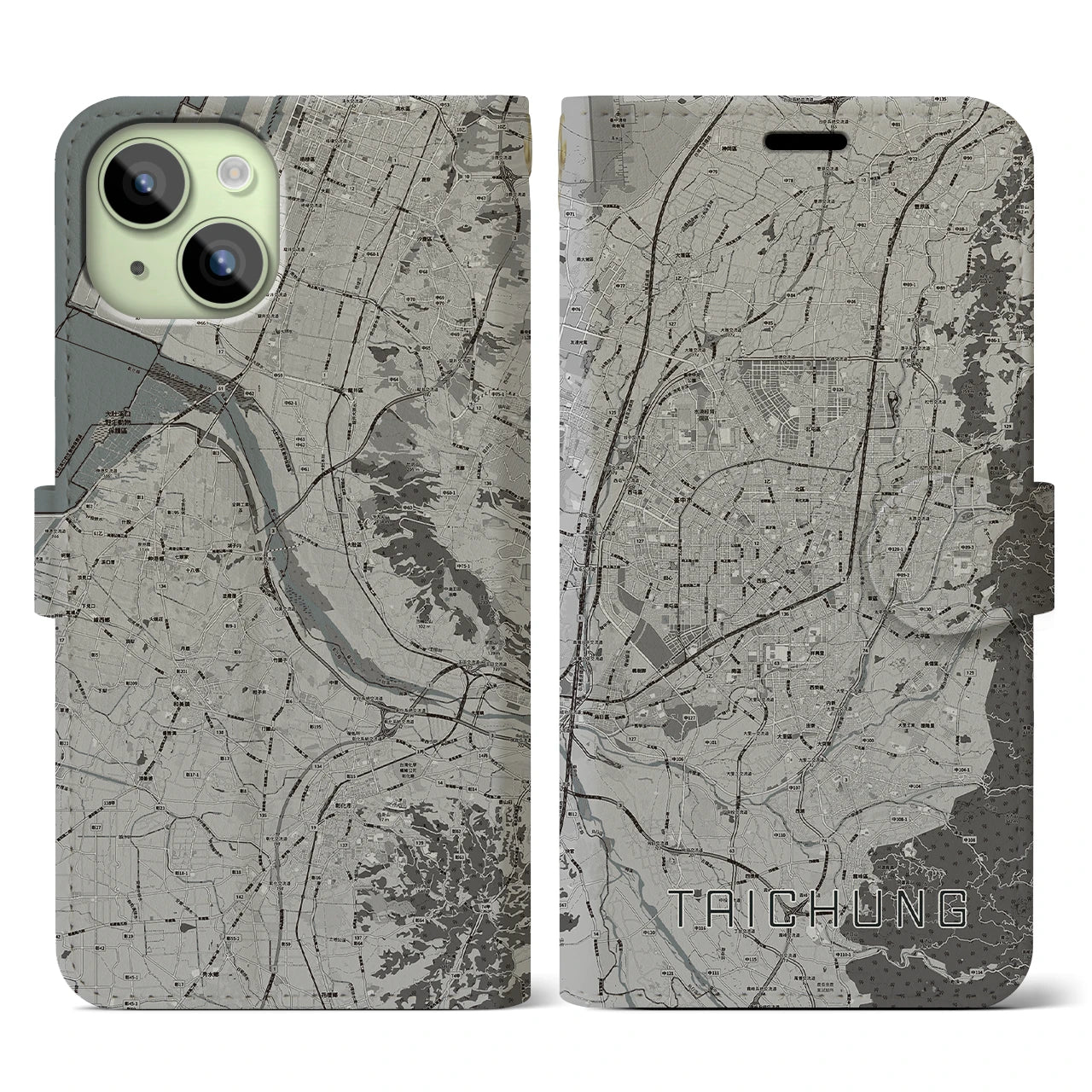 【台中(台湾)】地図柄iPhoneケース(手帳タイプ)モノトーン・iPhone 15 用