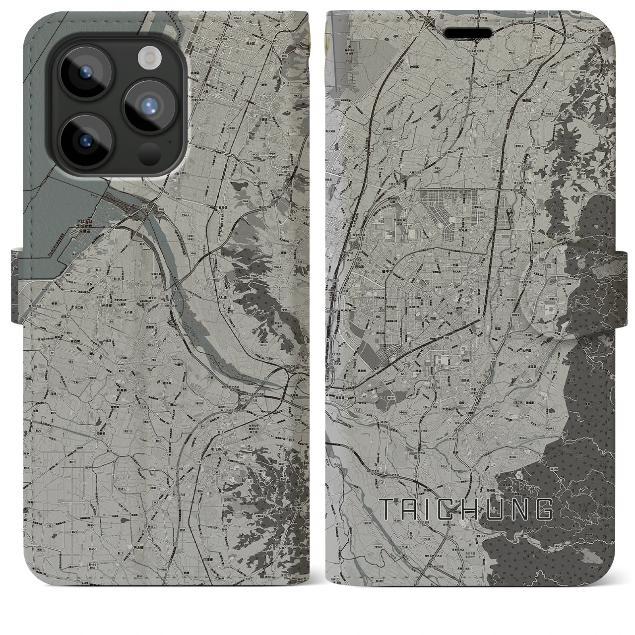 【台中(台湾)】地図柄iPhoneケース(手帳タイプ)モノトーン・iPhone 15 Pro Max 用