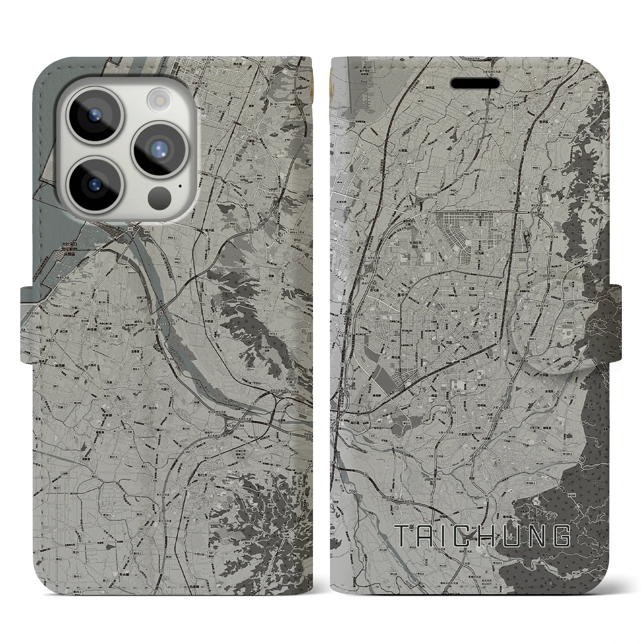 【台中(台湾)】地図柄iPhoneケース(手帳タイプ)モノトーン・iPhone 15 Pro 用