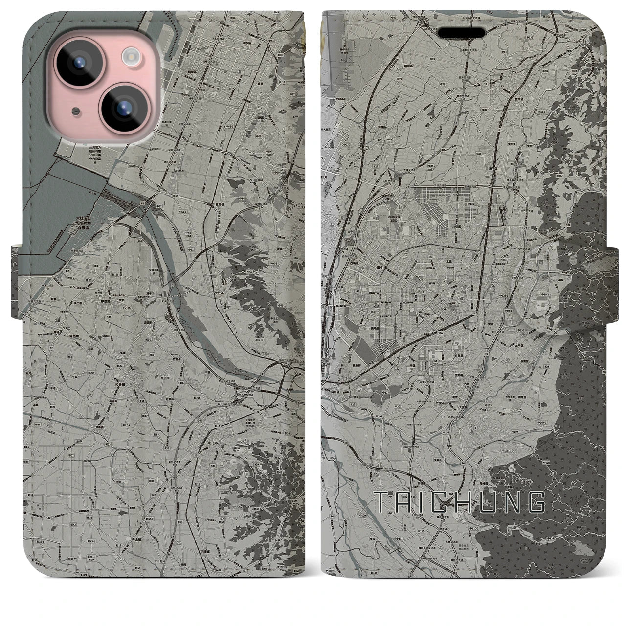 【台中(台湾)】地図柄iPhoneケース(手帳タイプ)モノトーン・iPhone 15 Plus 用