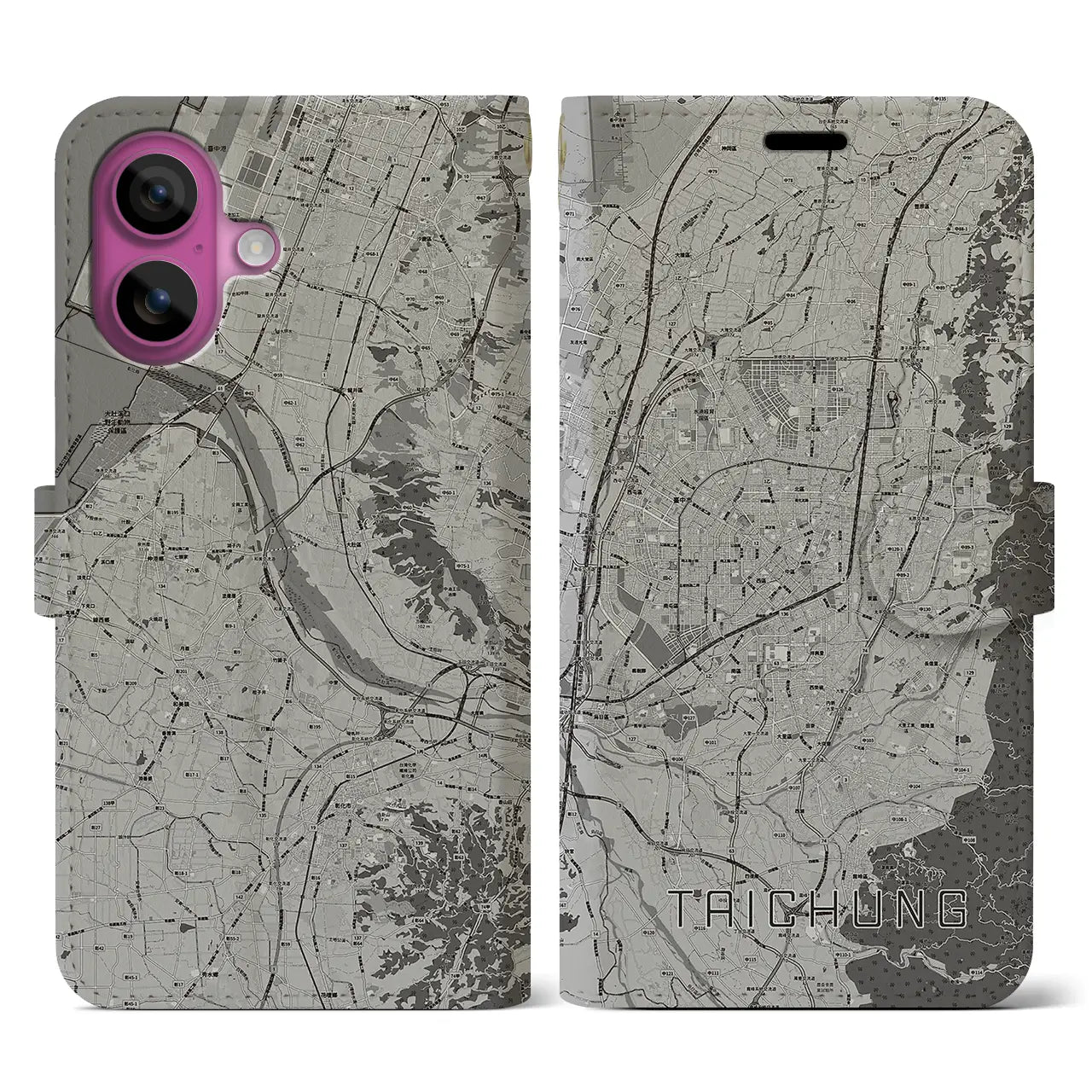 【台中(台湾)】地図柄iPhoneケース(手帳タイプ)モノトーン・iPhone 16 Pro 用