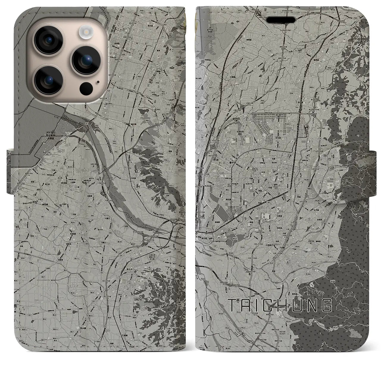【台中(台湾)】地図柄iPhoneケース(手帳タイプ)モノトーン・iPhone 16 Plus 用