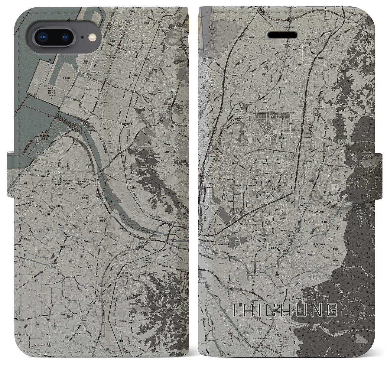 【台中(台湾)】地図柄iPhoneケース(手帳タイプ)モノトーン・iPhone 8Plus /7Plus / 6sPlus / 6Plus 用