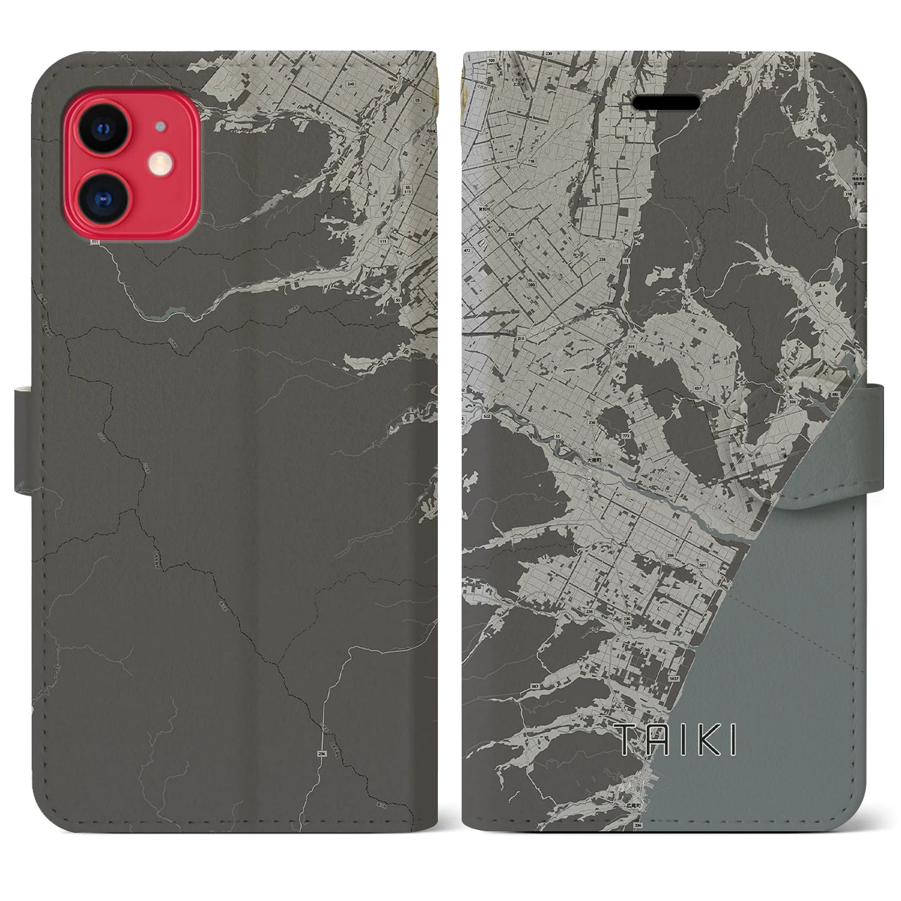 【大樹(北海道)】地図柄iPhoneケース(手帳タイプ)モノトーン・iPhone 11 用
